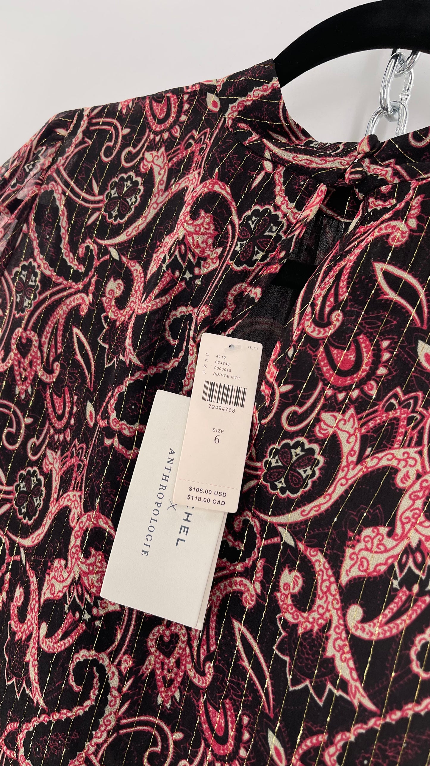 Kachel 95% Silk Black Paisley Blouse with Gold Tinsel Bessie Anthropologie (6)