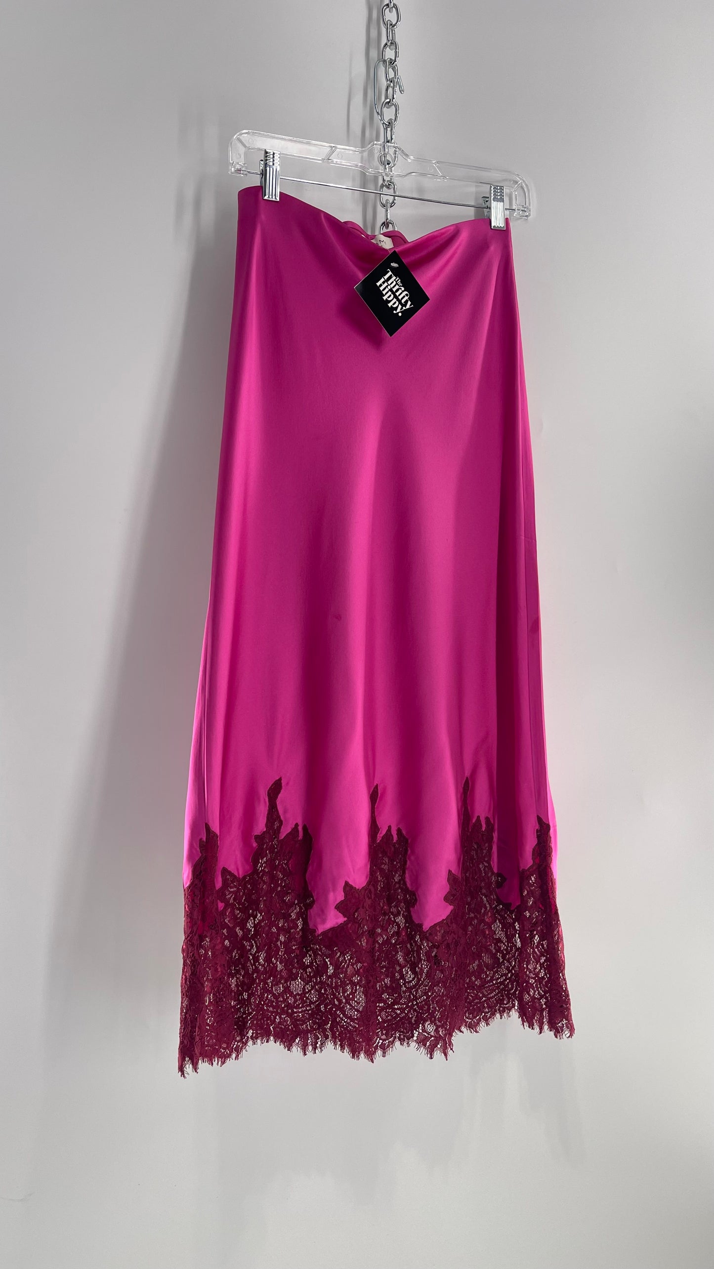 CAMI NYC Hot Pink Silky Midi Skirt with Maroon Thick Lace Hem (S)