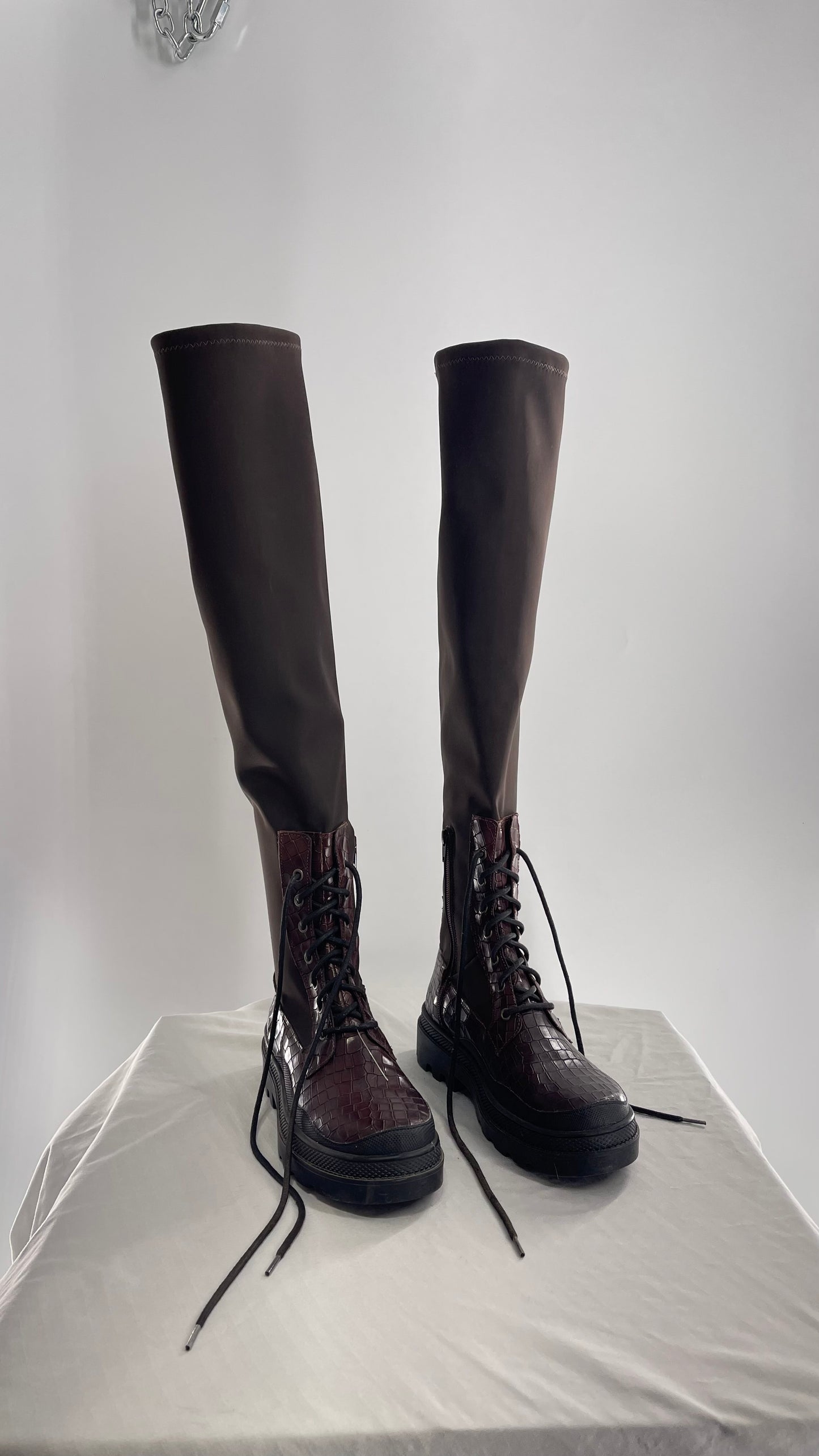 Free People Dark Brown Riding Style Embossed Knee High Platform Boots (39)
