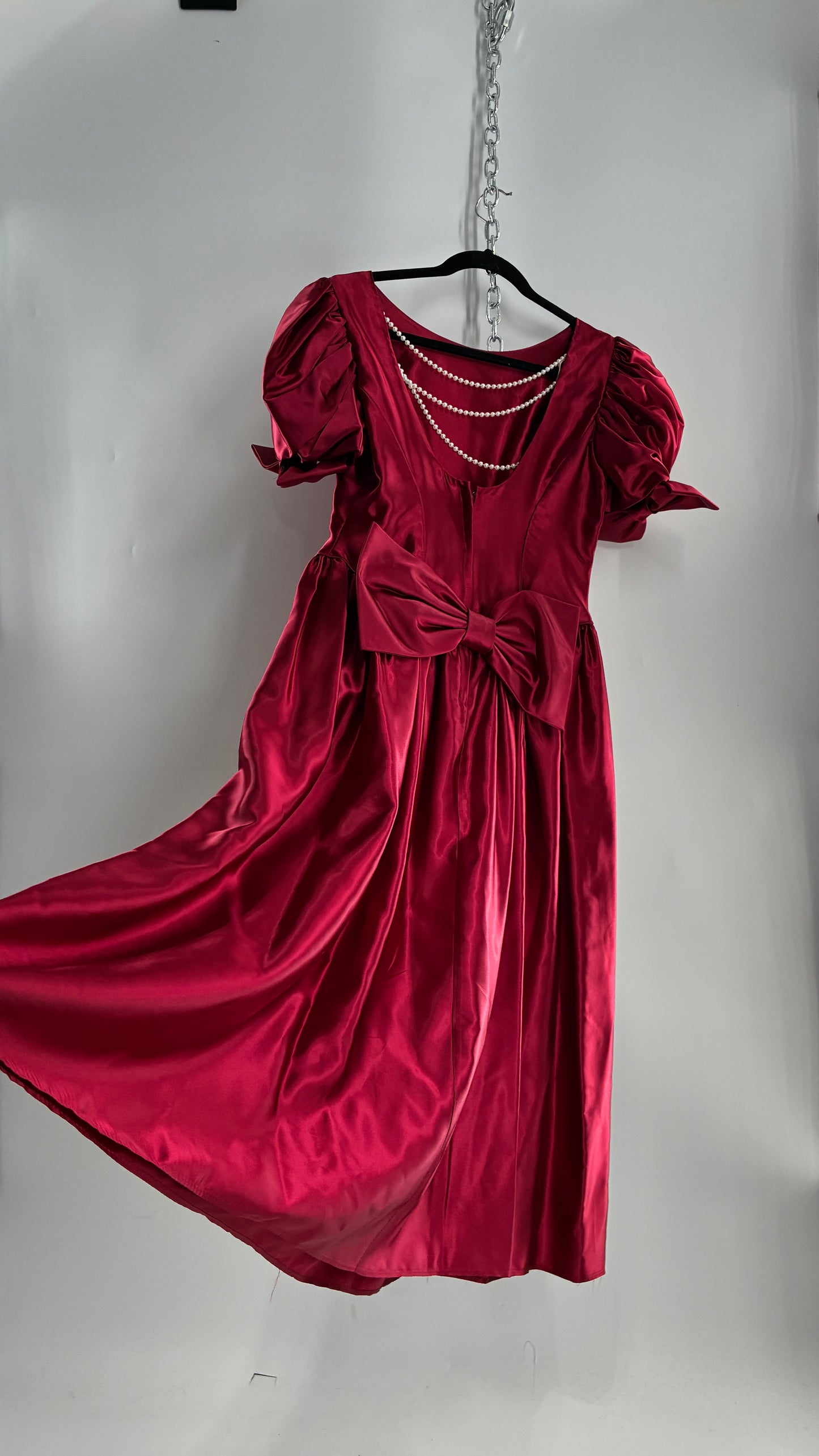 Vintage Red Silky Satin Corset Style Dress with Sweetheart Neckline, Puff Sleeves, Oversized Bow Bum, Open Back and Draping Pearls (10P)
