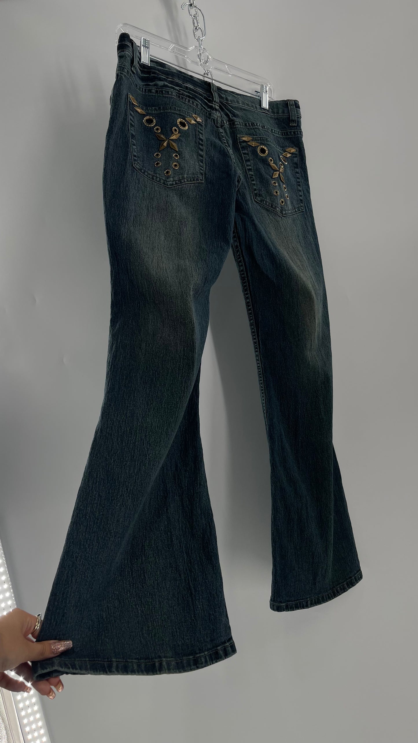 Vintage Blue Pointe Kickflare Medium Wash Jeans with Gold Rhinestone Metal Jewels (13)