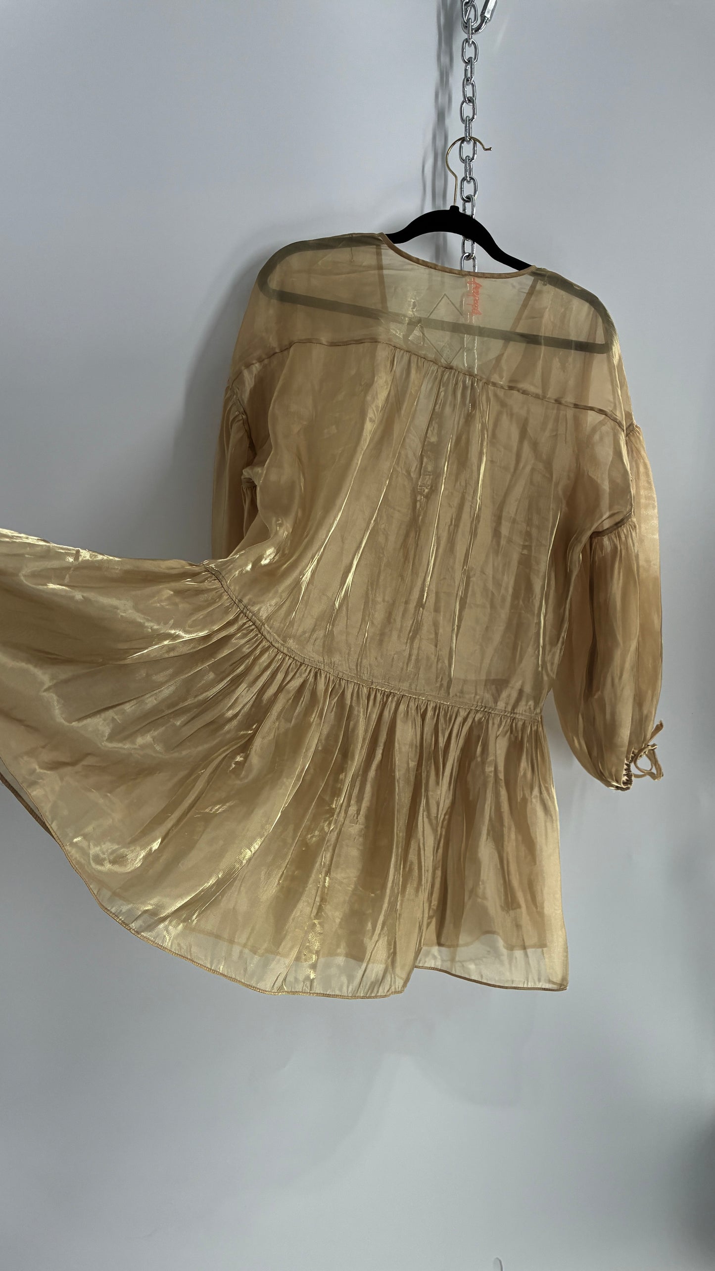 Free People Gold Voile Organza Drop Waist Bubble Sleeve Dress (Medium)