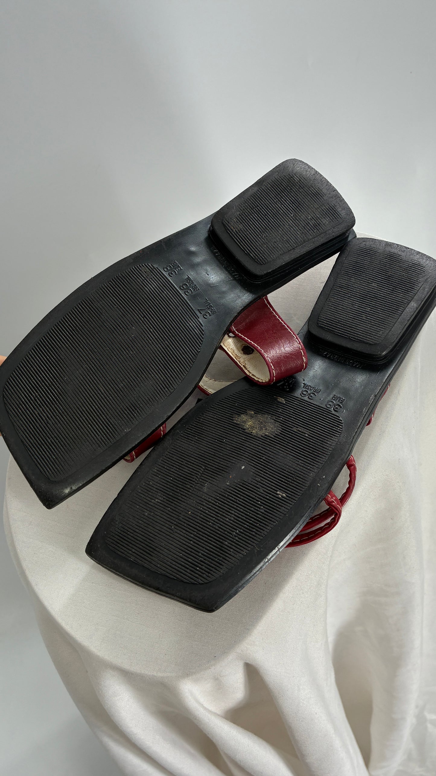 Vintage Burgundy Leather, Square Toe, Made in Brazil Sandals with Metal Buckle Strap (36)