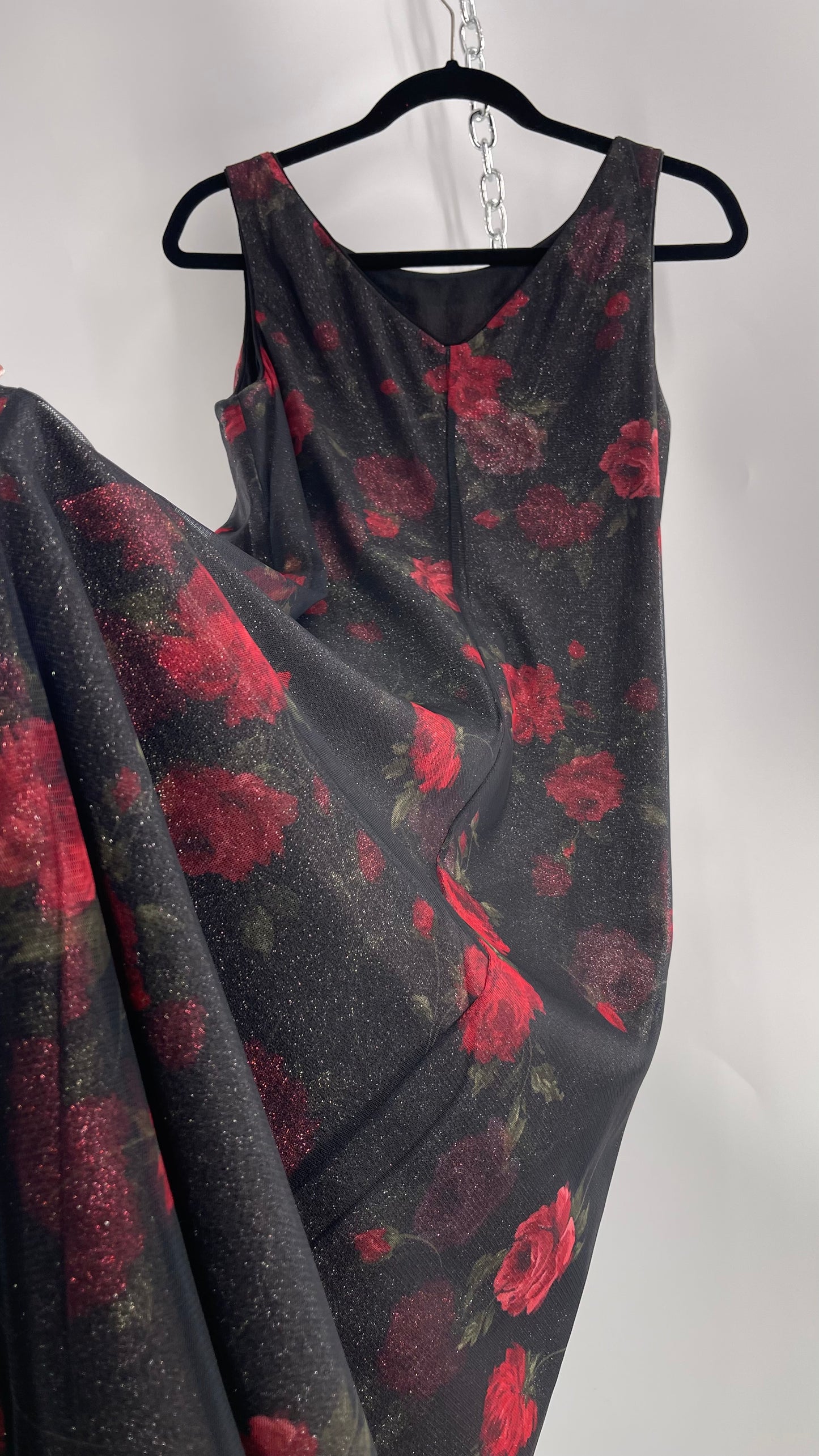 Vintage TEDDI EVENING Dress with Red Rose Layer Over Glitter Graphic and Black Base Layer (10)