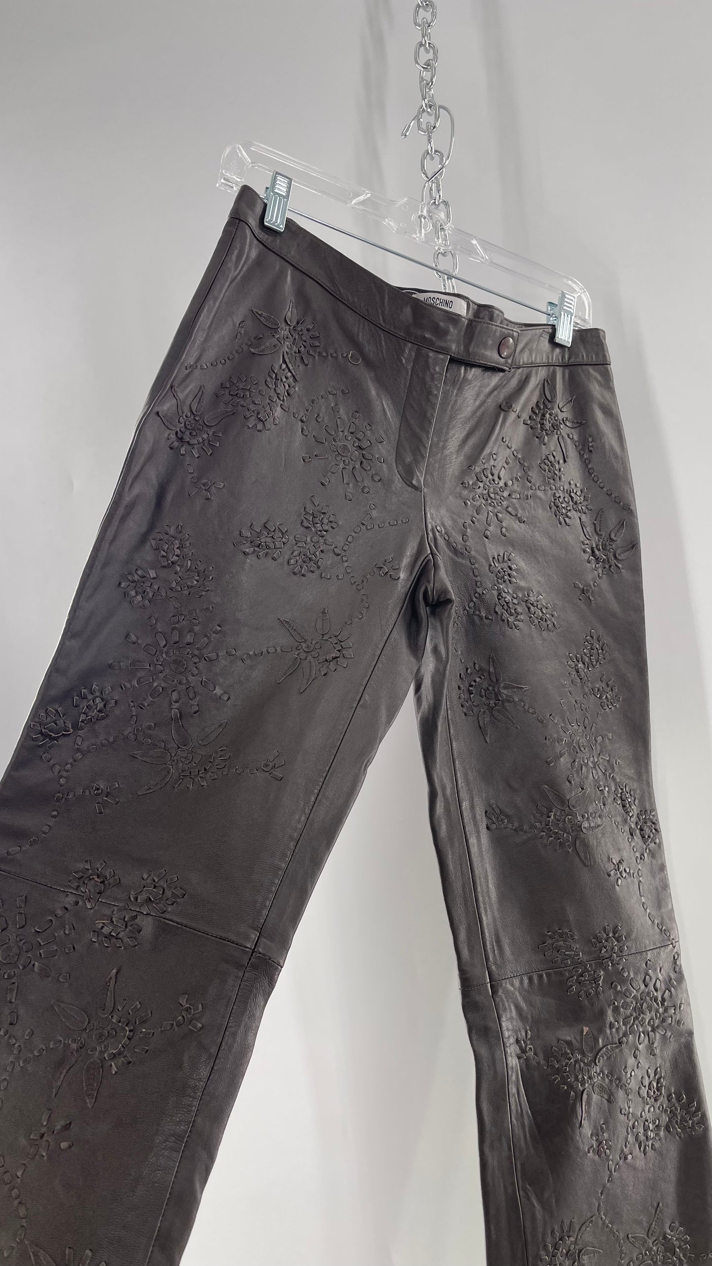 Moschino Brown Leather Embroidered Pants (10) ***WITH TAGS***
