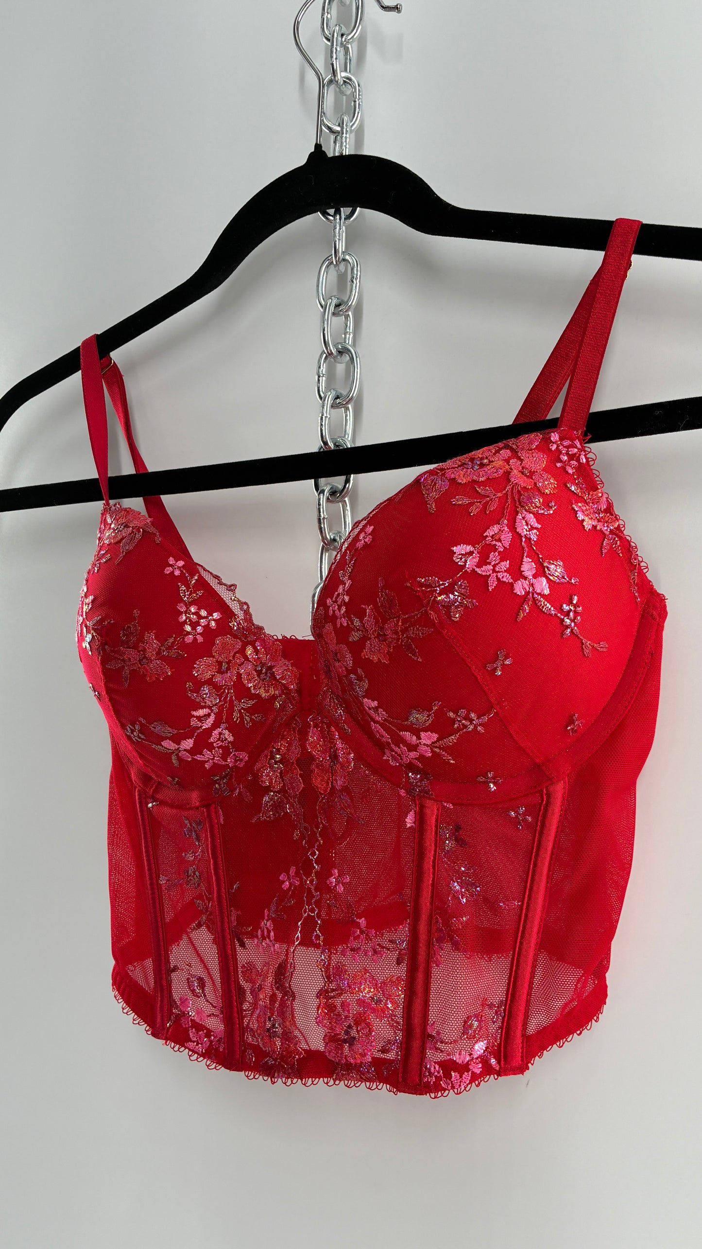 Vintage Red Corset with Iridescent Floral Lace and Padded Bust (32C/Small)