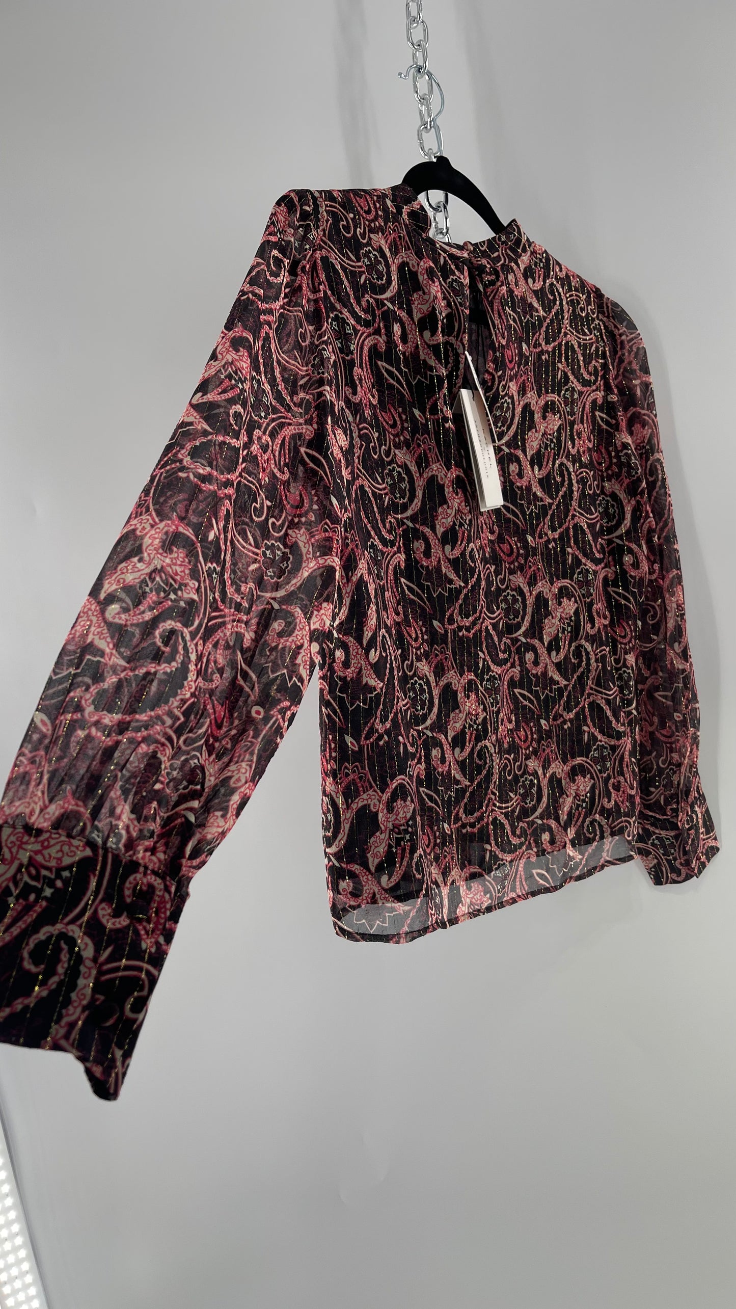 Kachel 95% Silk Black Paisley Blouse with Gold Tinsel Bessie Anthropologie (6)