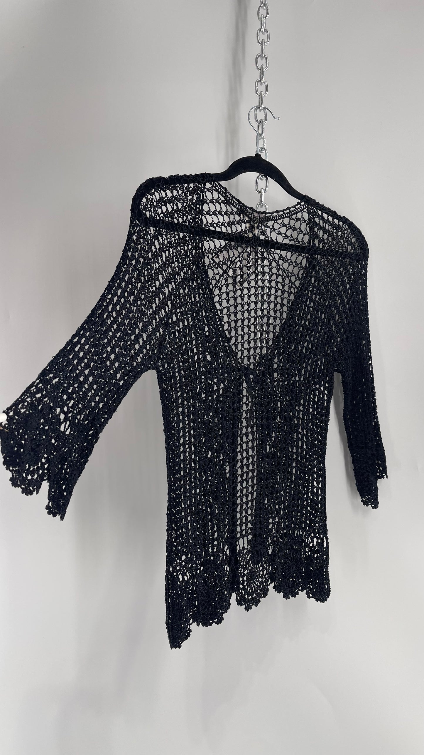Vintage Black Crochet Slinky Top with Ribbon Bust Tie (XS)