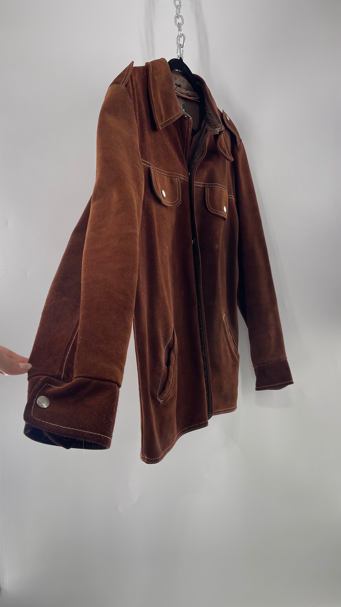 Vintage Brown Suede Jacket with Contrast White Stitching (C)(Large)