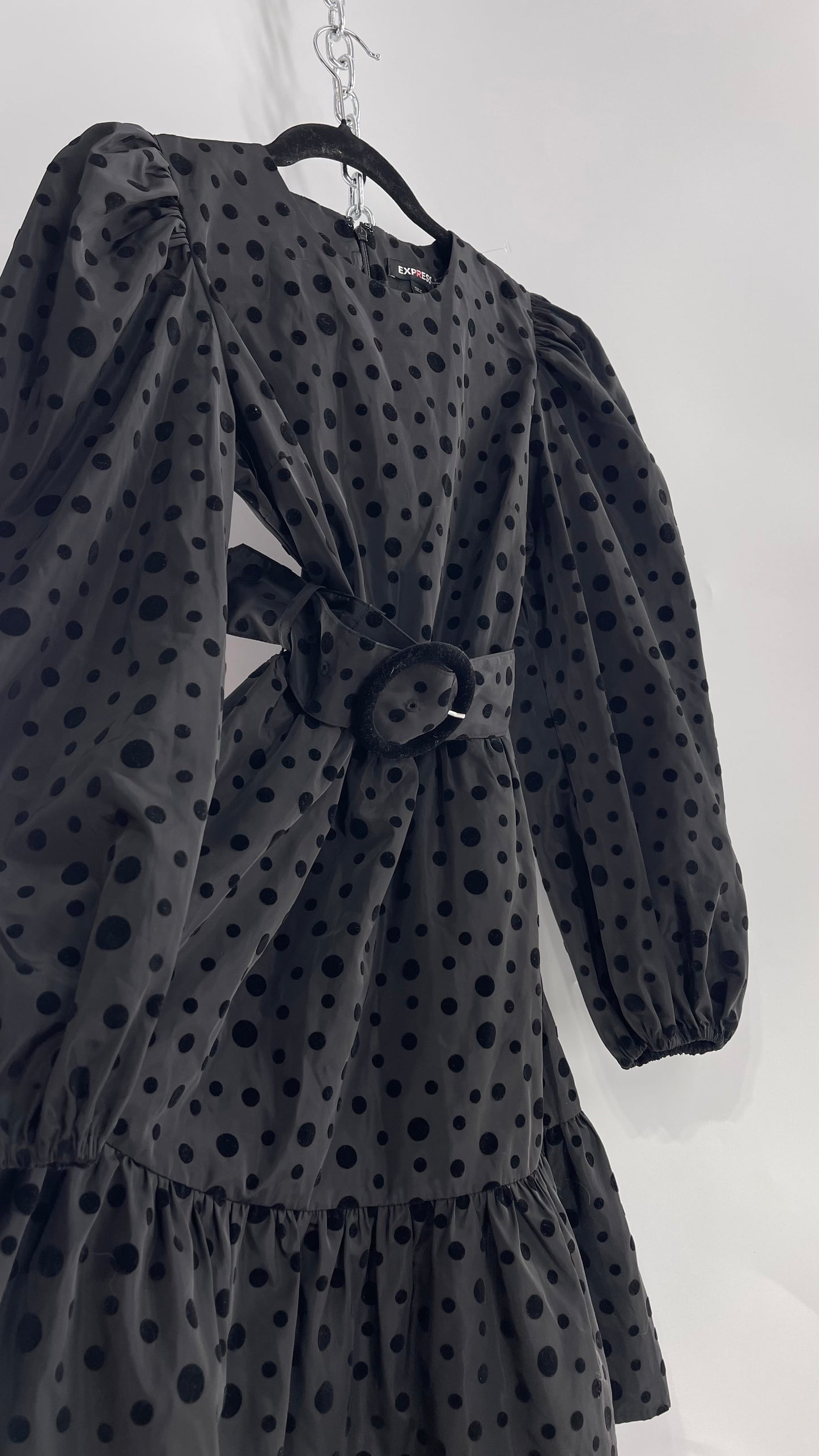 Express Black Taffeta Flare Out Dress with Balloon Sleeves, Velvet Polka Dot Pattern and Round Velour Belt Buckle (XS)