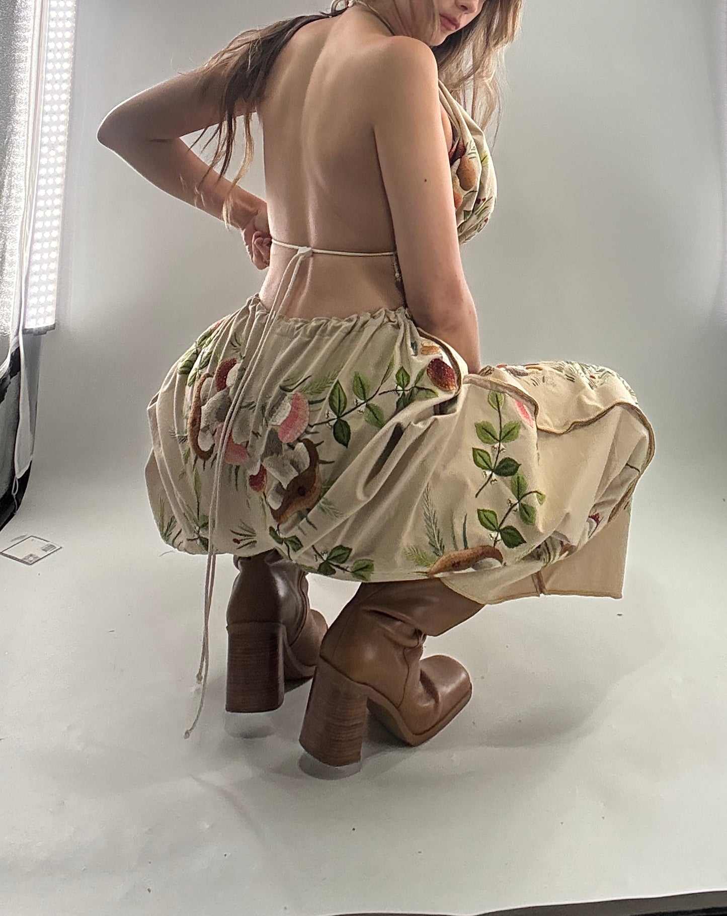 Vintage Custom Handmade and Hand Embroidered Two Piece Set with Mushrooms, Vines, and Ladybugs (XS-L)
