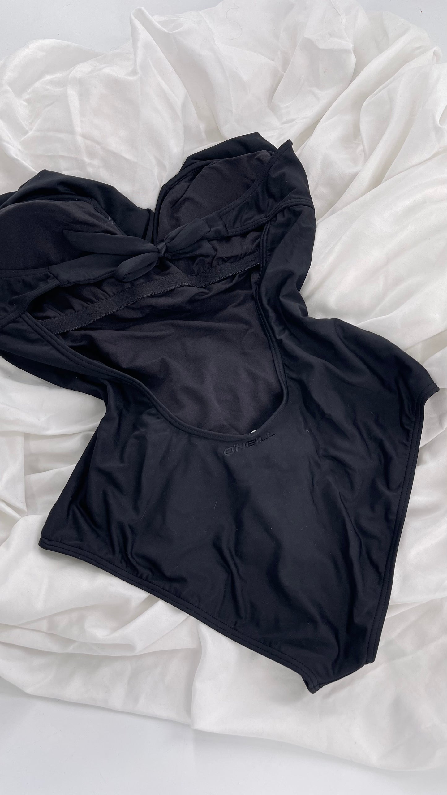 O’Neill Black Swimsuit with Built in Bra with Ruffled Bust, Open Back, Straps and Tags Attached (Large)