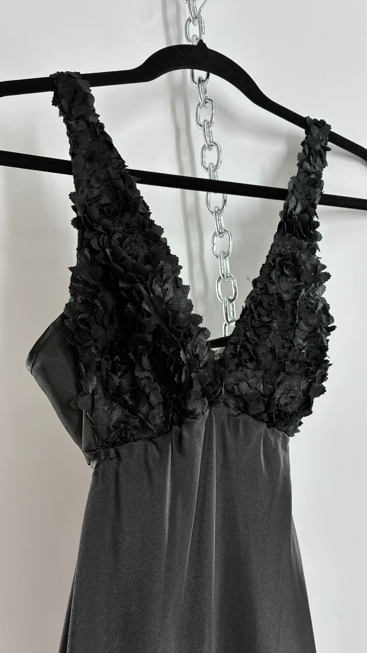 Vintage FLORA Black Slip Gown with Textured Floral Bust (Small)