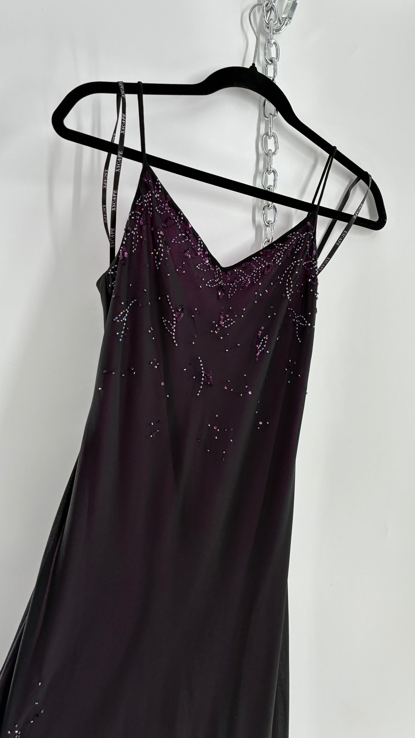Vintage XSCAPE Full Length Black Beaded Gown with Purple Underlay (4)