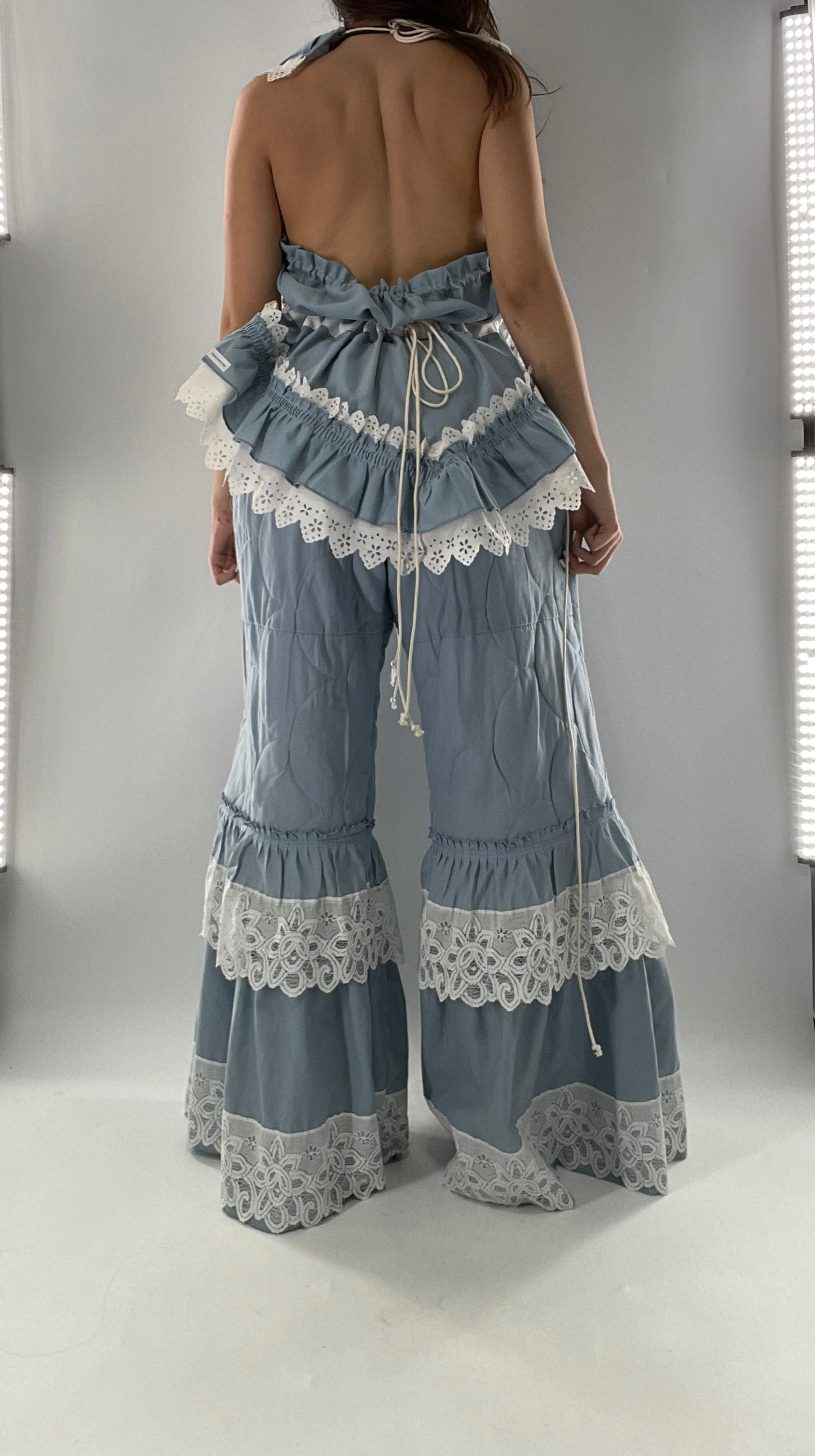 Vintage 2 Piece Powder Blue Set Featuring 2Way Blouse and Quilted Trousers Covered in Ruffles, Lace and Trim (One Size)