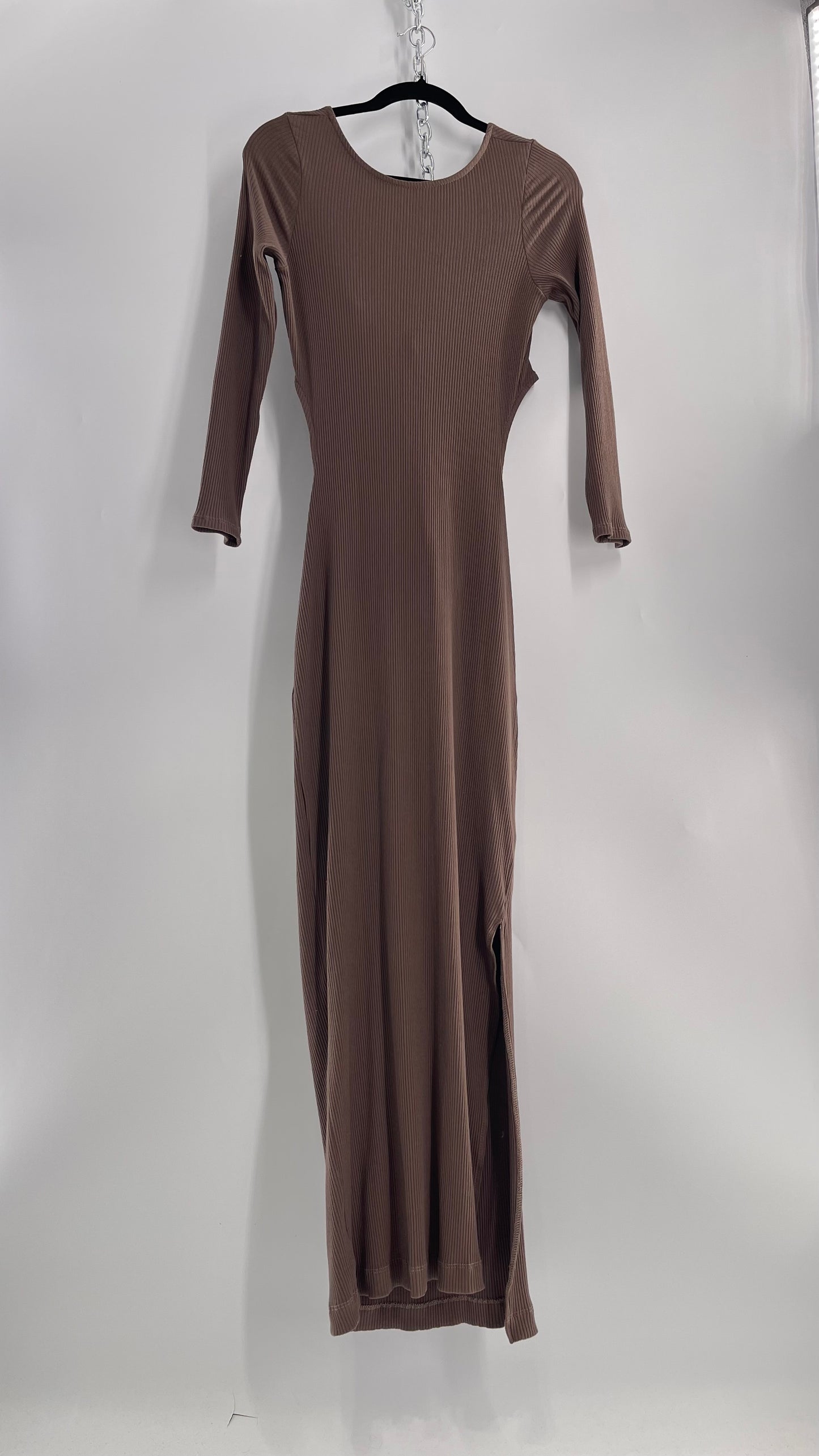 Free People Brown Ribbed Maxi Dress with Low Open Back and Dramatic Tie Detail (Large)