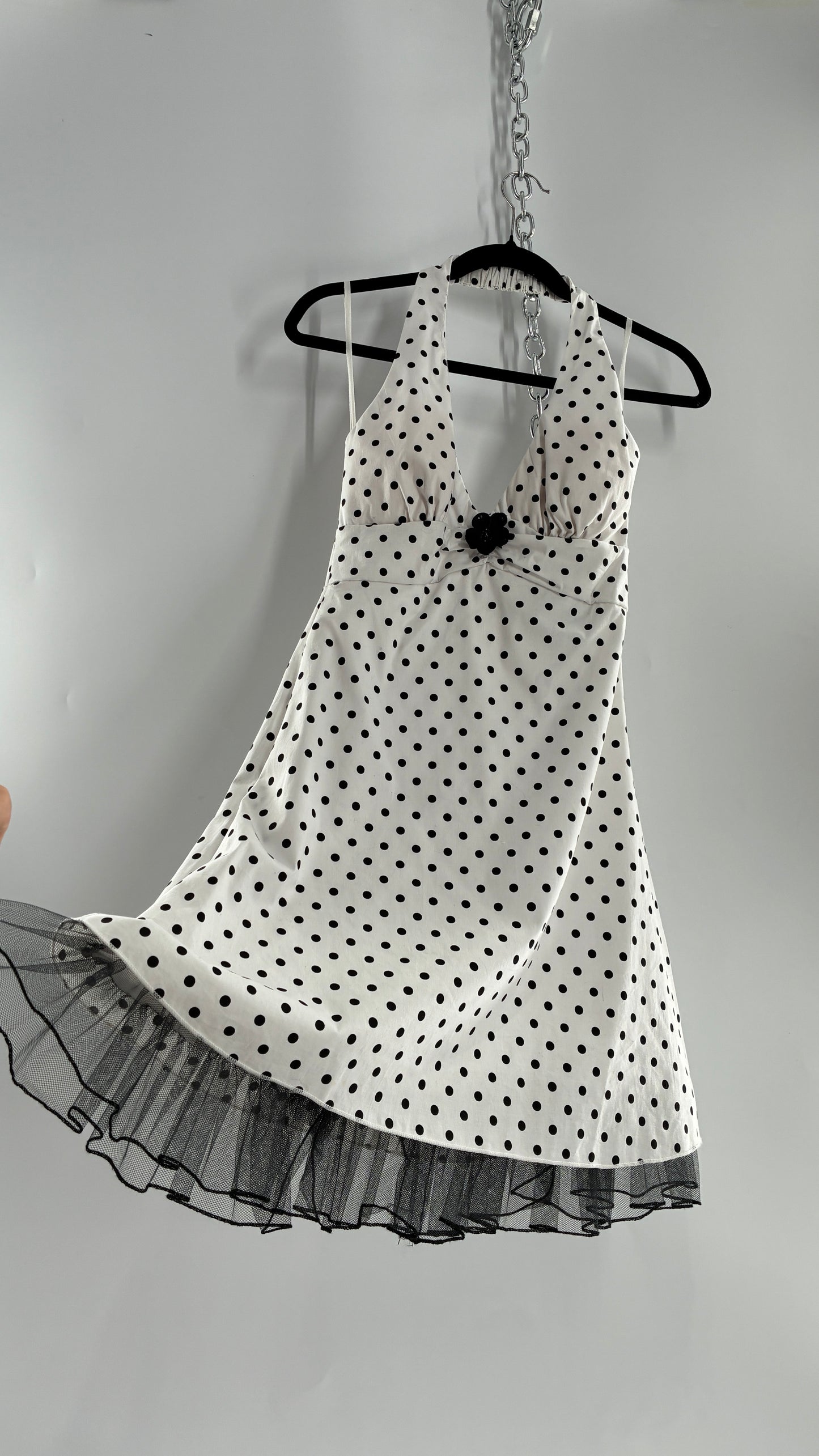 Deadstock Vintage Ruby Rox Retro Style White and Black Polka Dotted Mini Dress with Tulle Trim (7)