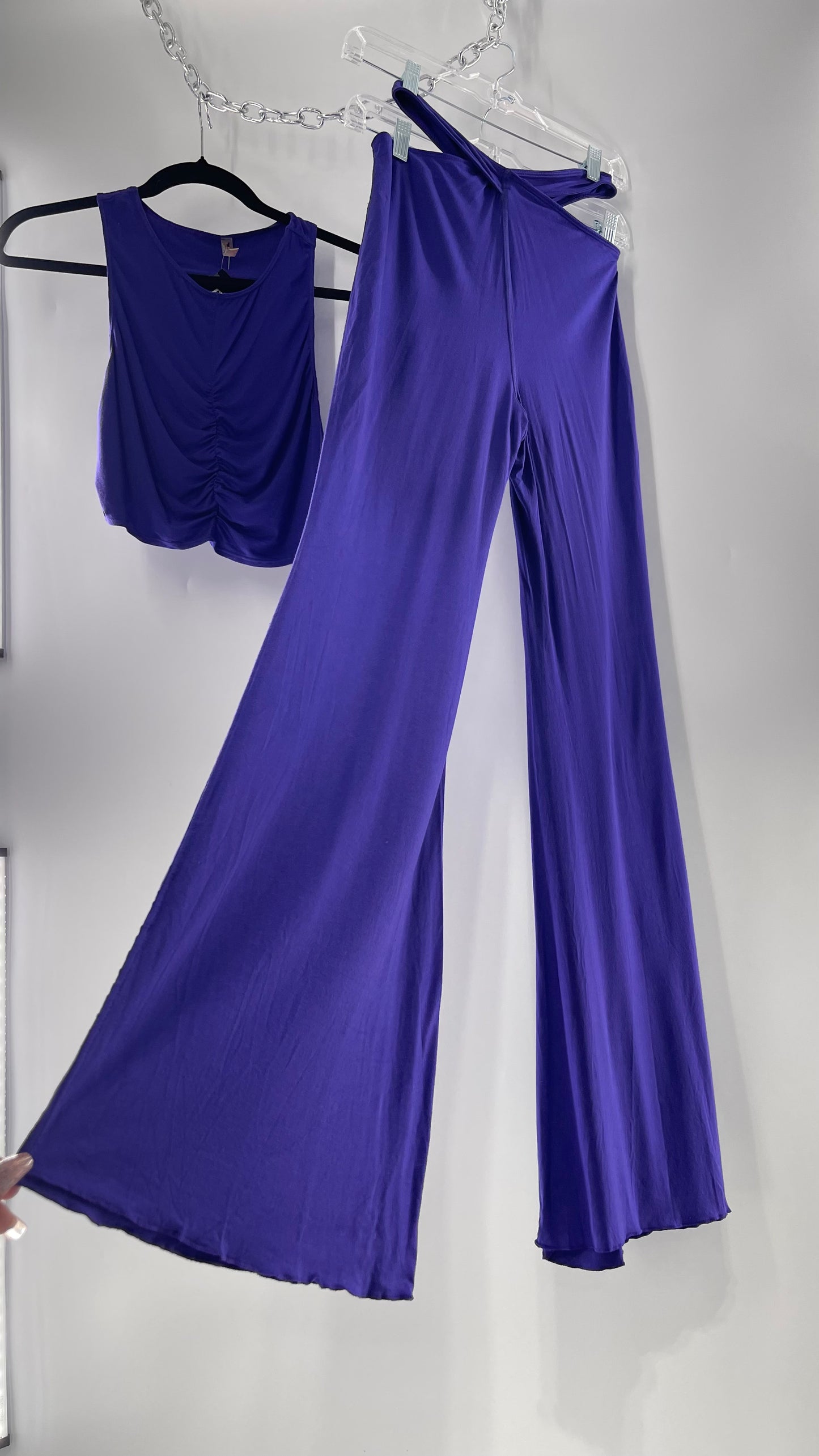 Free People 2 Piece Cobalt Purple Ruched Tank+ Cut Out Hip Strap Detail Flared Bottoms Set (Small)