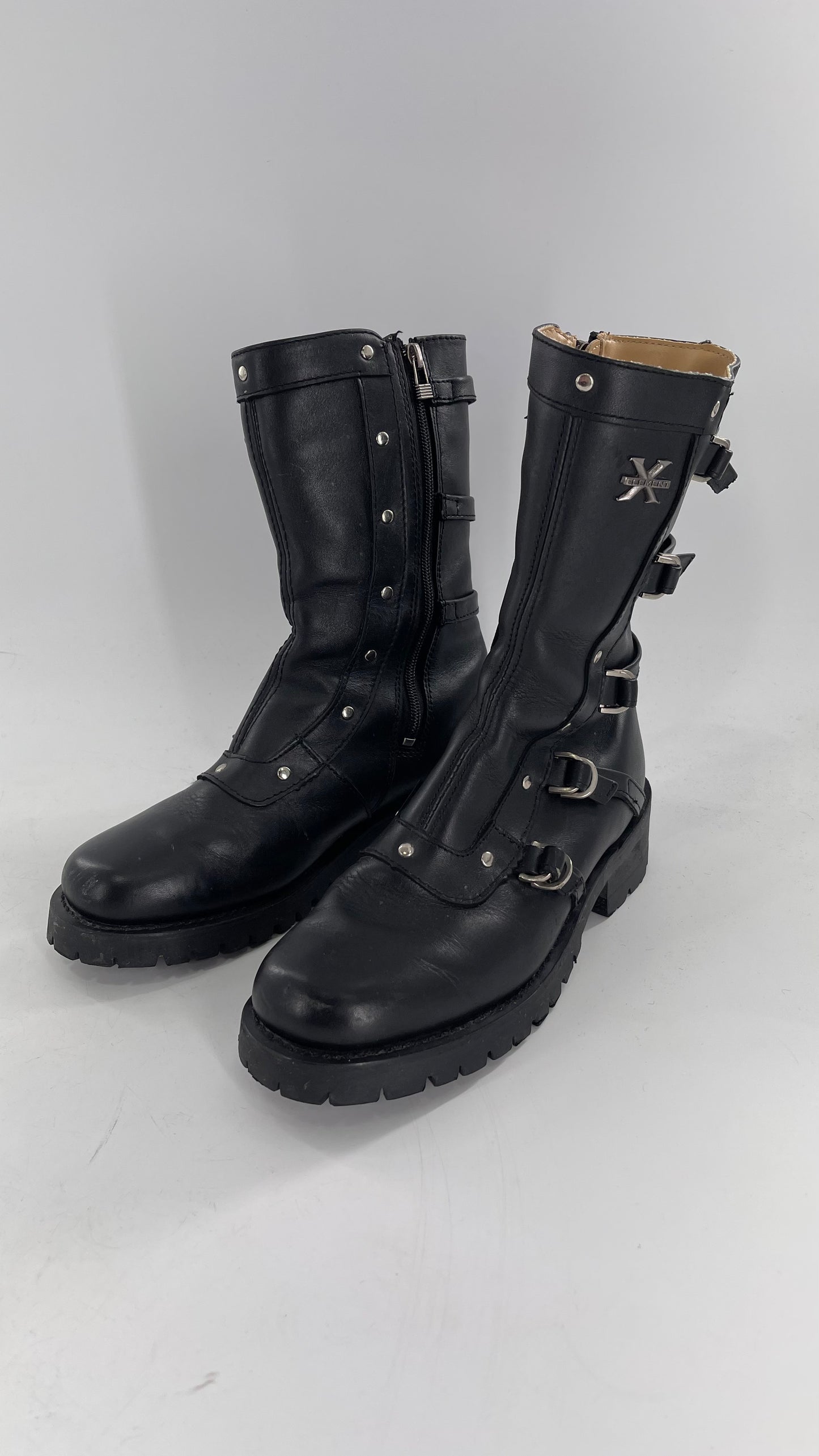 Vintage 1990s XELEMENT Buckle Side Genuine Leather Steam Punk Boots (Women’s 8.5)