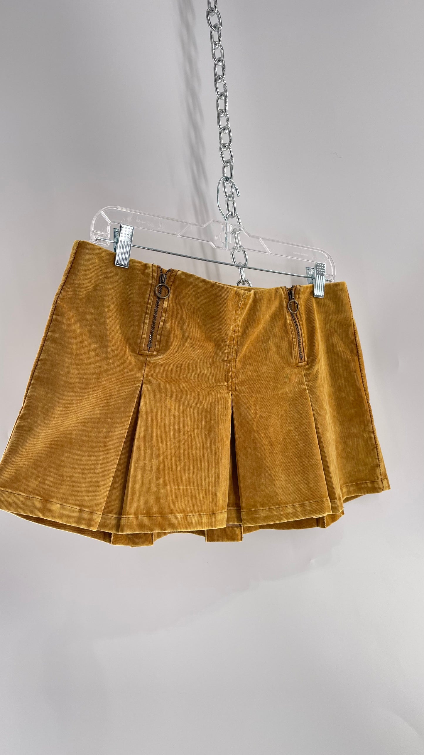 Urban Outfitters Mustard Corduroy Pleated Micro Mini Skirt with Brass Hip Zippers (Medium)