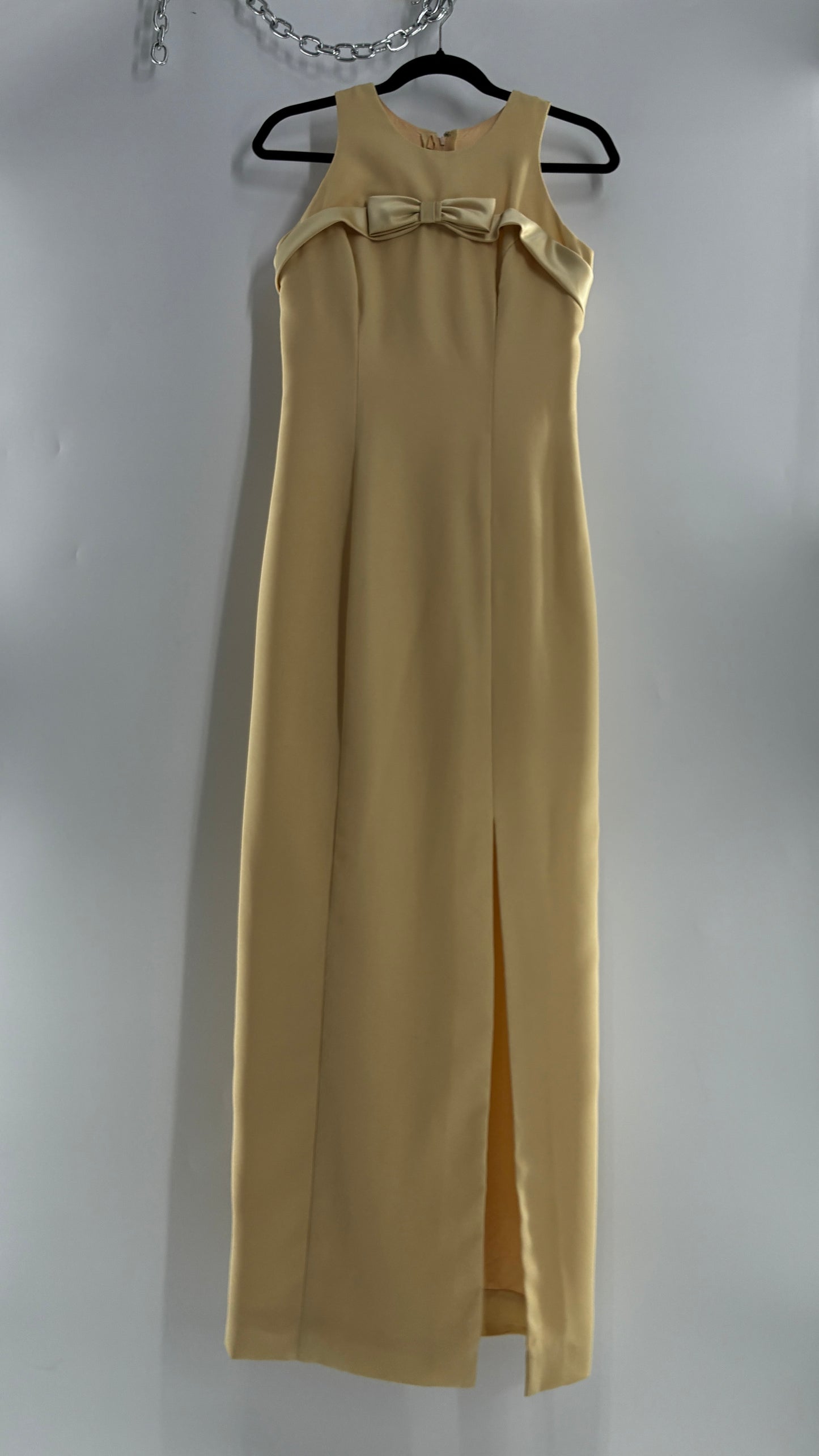 Vintage ALYCE’S Baby Yellow High Neck Satin Bow Bust, Side Slit, Button Back Gown (Measured)