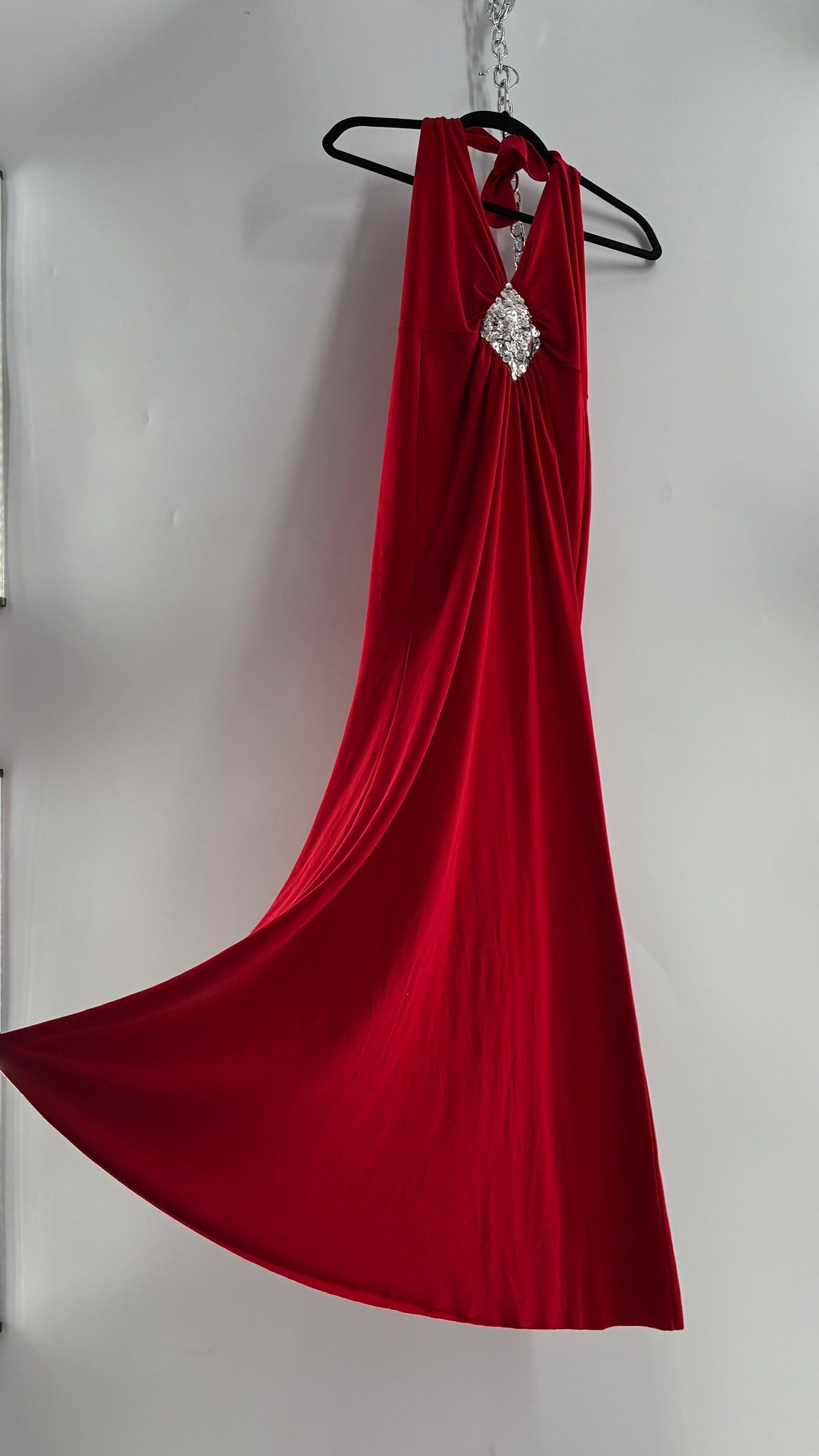 Vintage SYMPHONY Lycra Red Halter Full Length Dress with Sequin Bust Detail (Small)