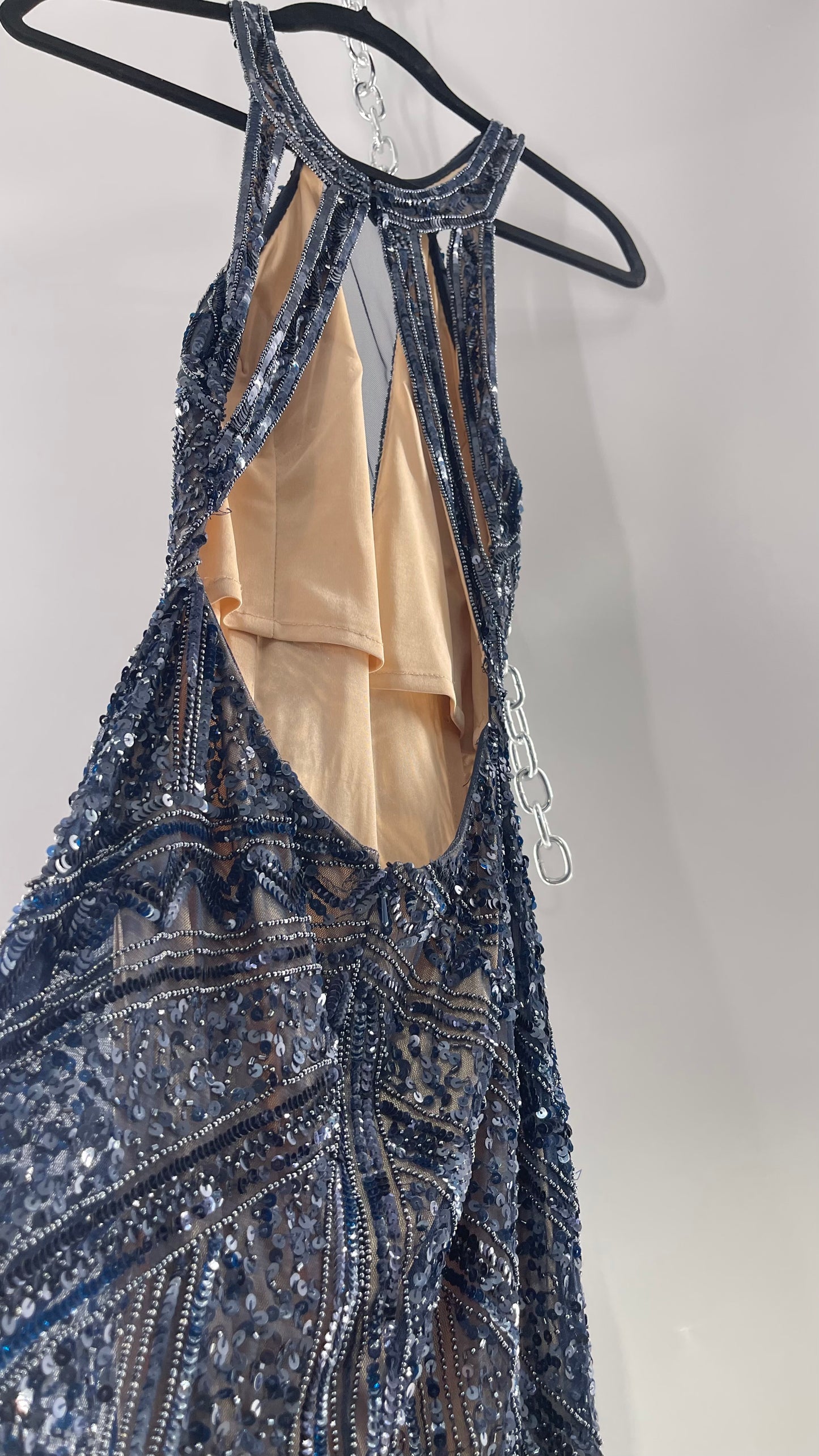 Vintage SCALA Navy Blue Beaded Floor Length Gown with Plunging Neckline, Backless Detail, and Tan Underlay (C)(4)