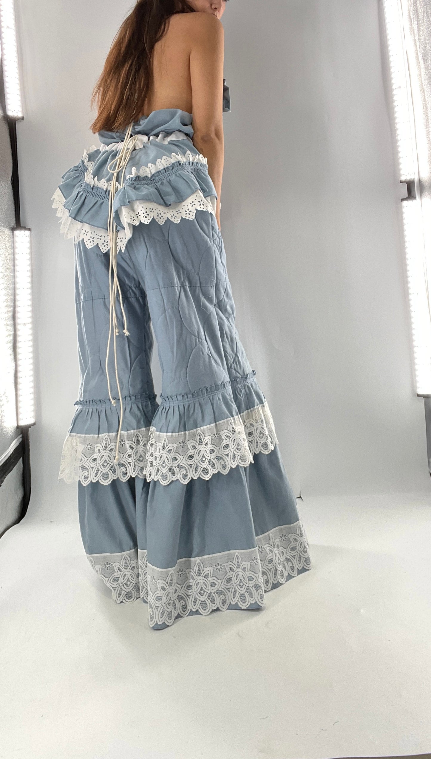Vintage 2 Piece Powder Blue Set Featuring 2Way Blouse and Quilted Trousers Covered in Ruffles, Lace and Trim (One Size)