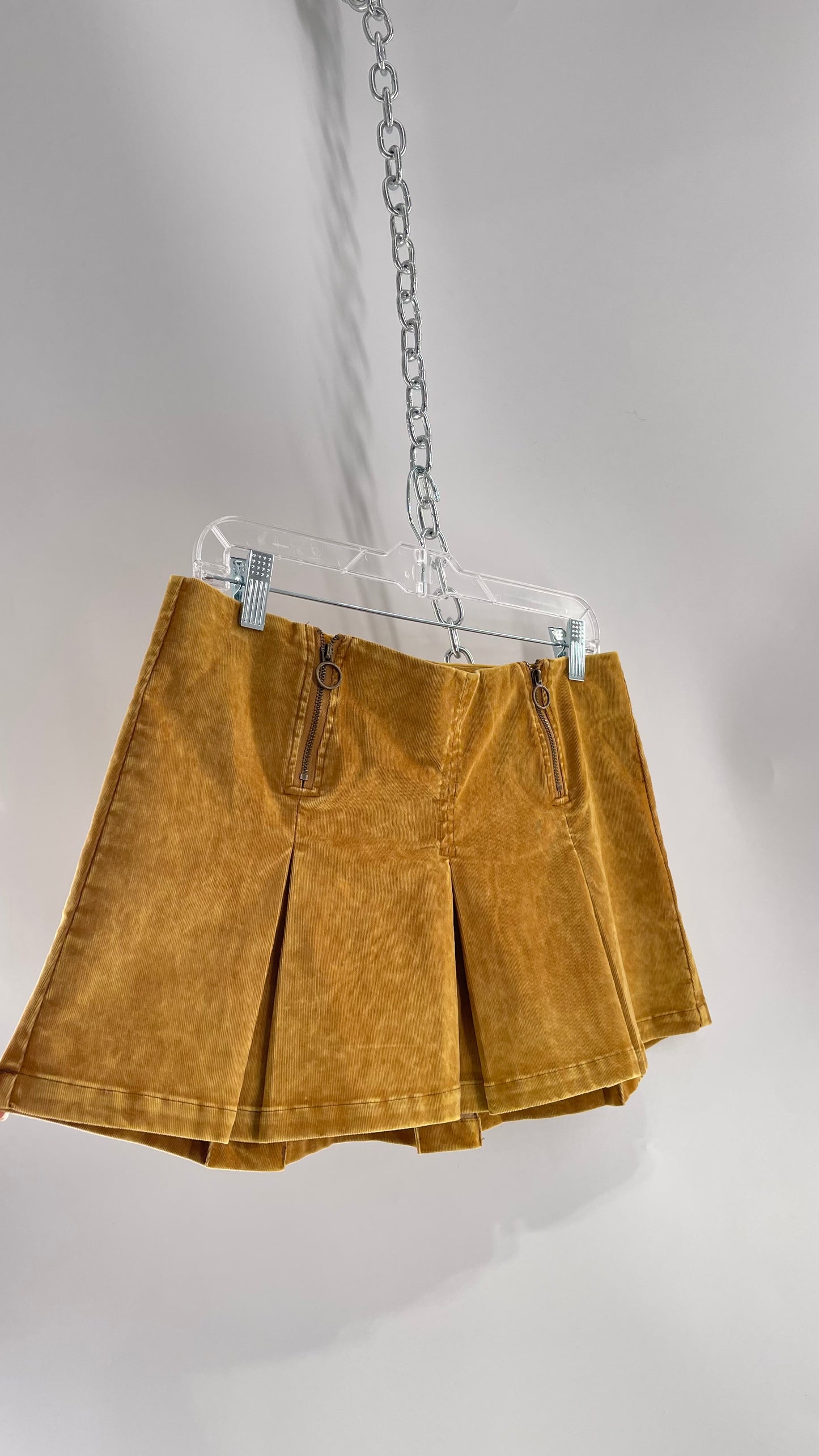 Urban Outfitters Mustard Corduroy Pleated Micro Mini Skirt with Brass Hip Zippers (Medium)