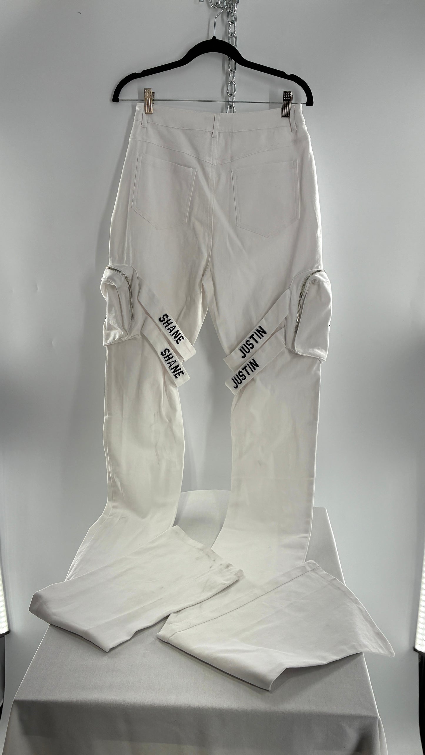 Designer SHANE JUSTIN White Stacked Extendo Cargo Pants with Embroidered Logo Pants and Tags Attached (Small)