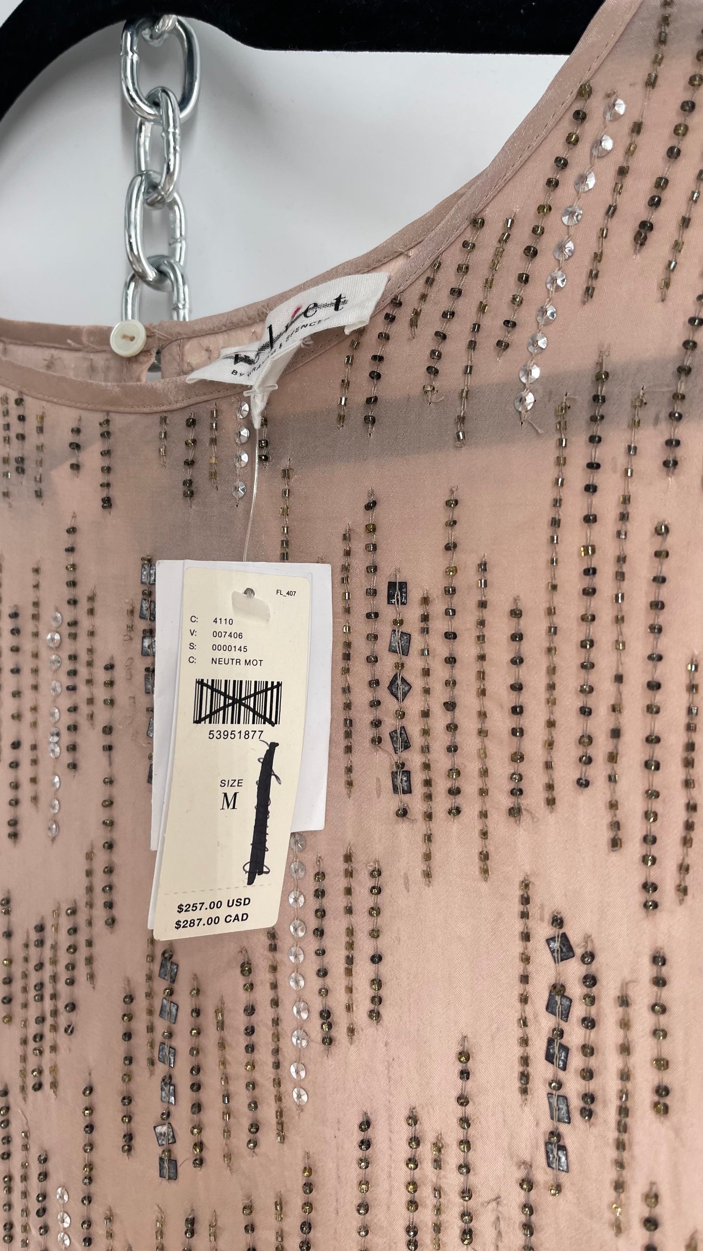 Velvet Anthropologie Dusty Rose Silky Top Covered in Beading and Tags Attached (Medium)