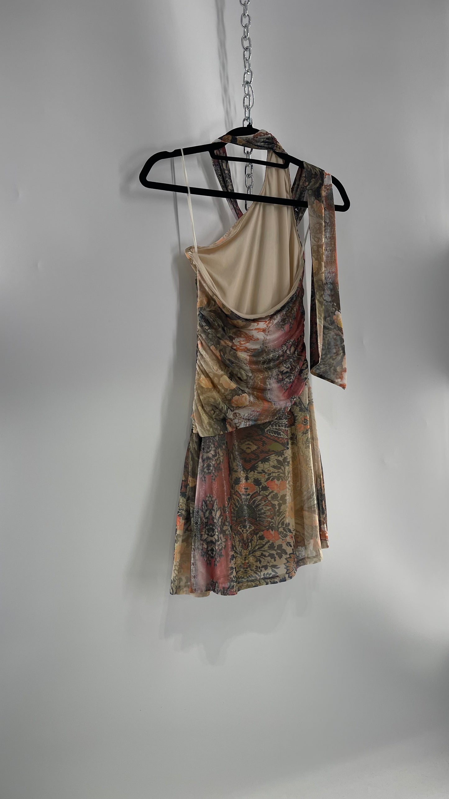 Urban Outfitters All Over 90s Tattoo Graphic Neck Tie Mini Dress with Asymmetric Hem (Medium)