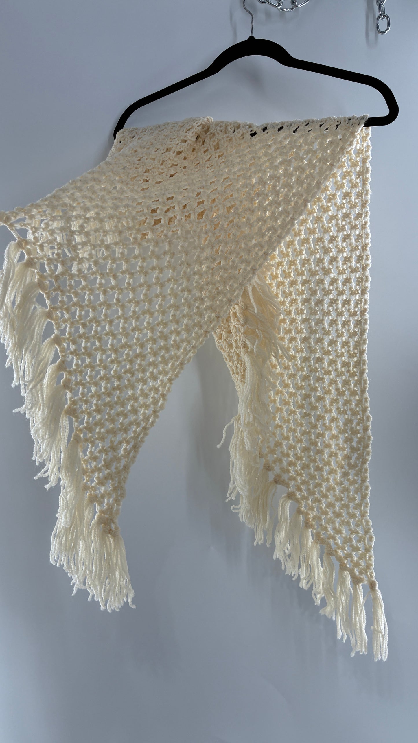 Vintage Off White Fish Net Scarf with Tasseled Ends
