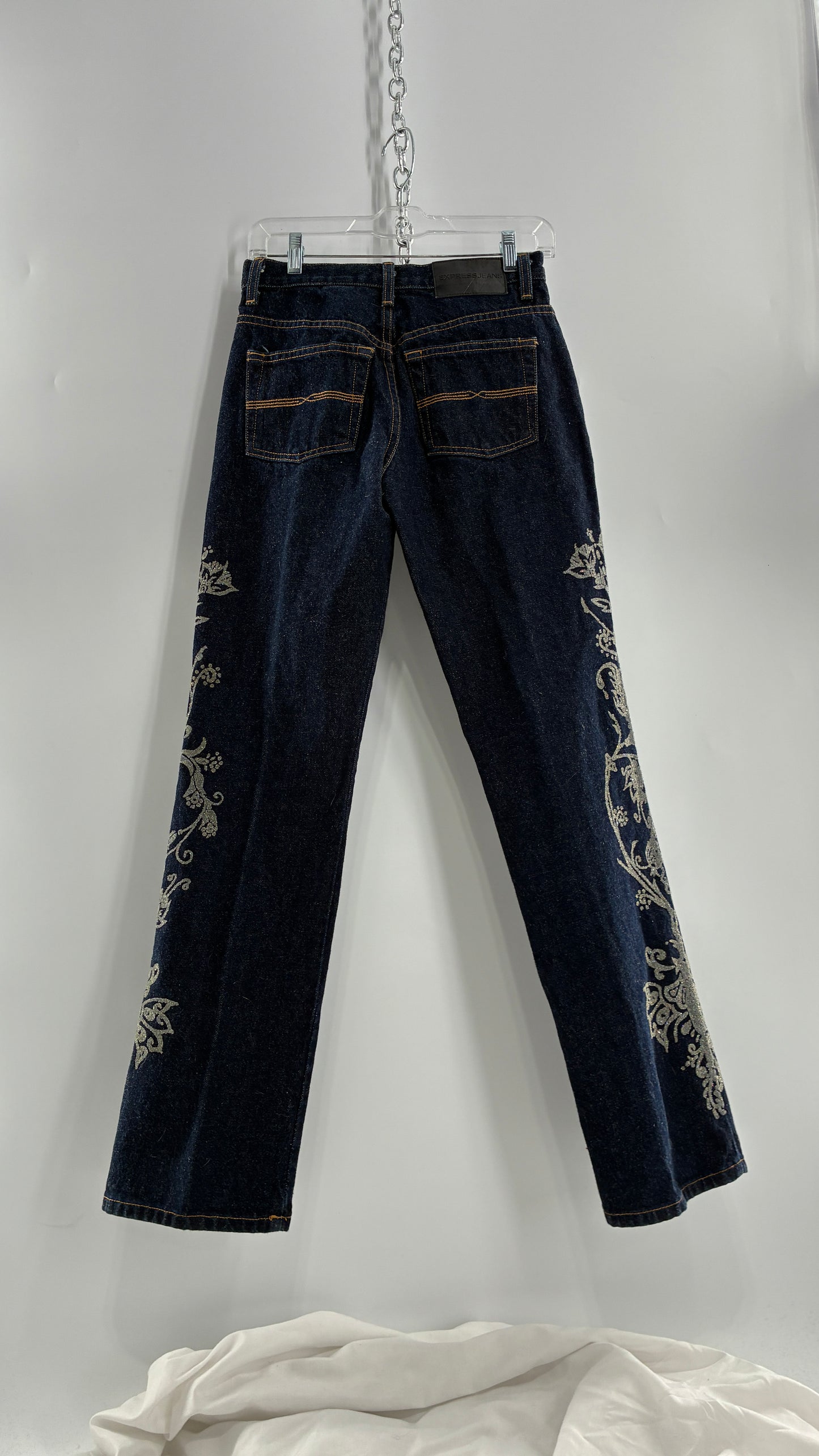 Vintage EXPRESS JEANS Dark Wash with Iridescent, Embellished, Textured Design Running Down Pant Leg (3/4)