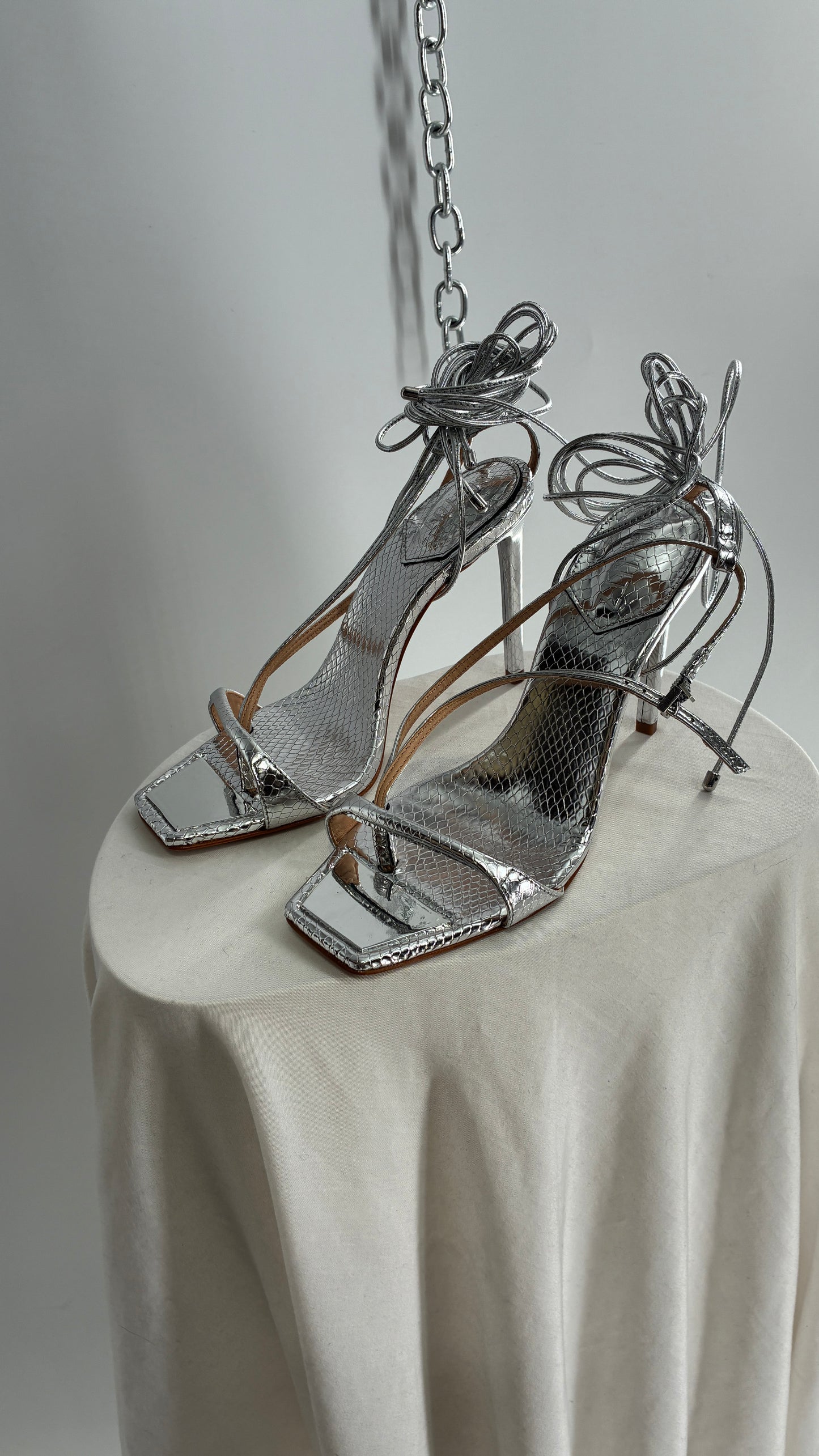 SCHÜTZ Silver Angular Tie Up Heels with Mirror Toe Detail (7)