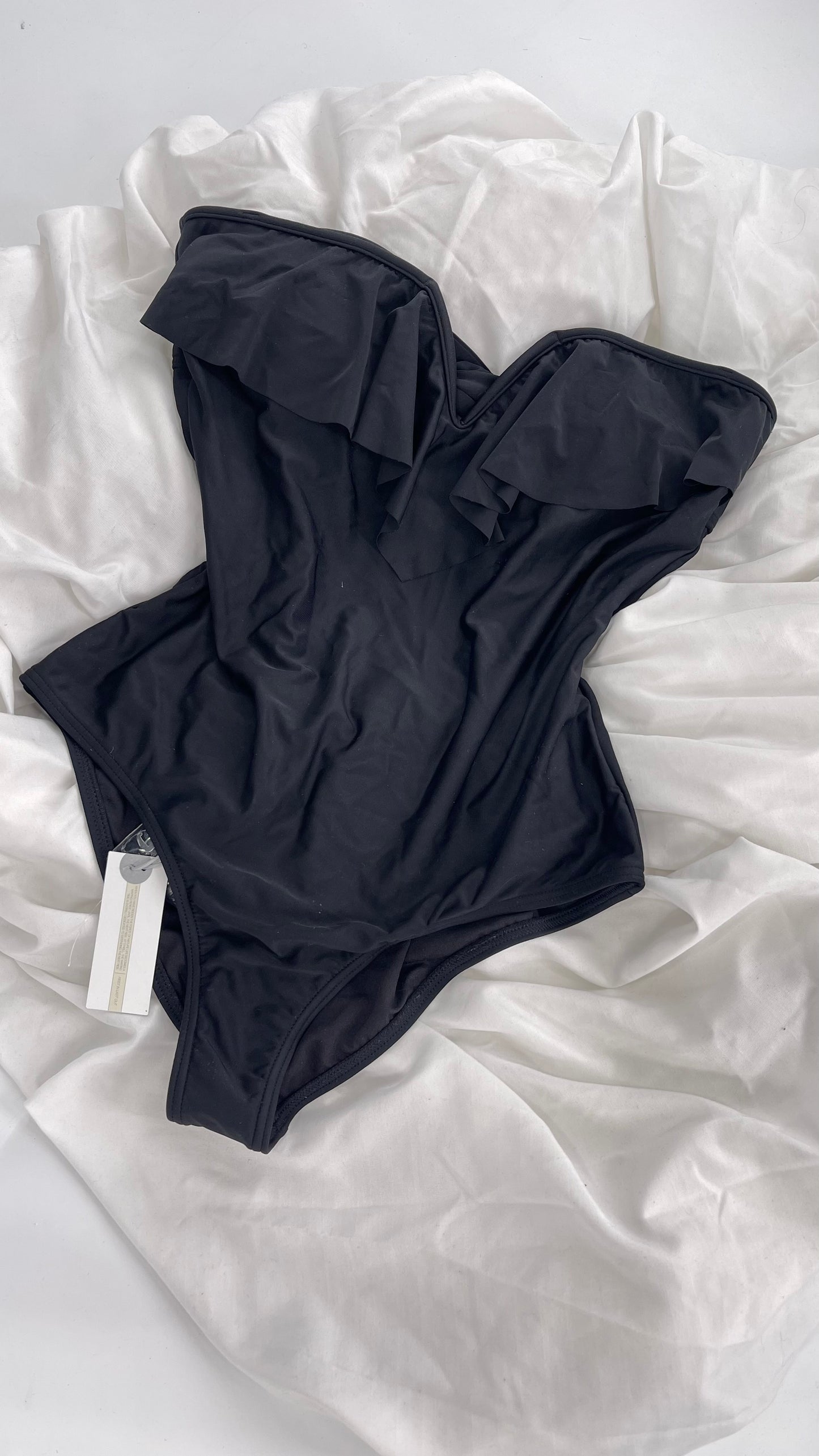 O’Neill Black Swimsuit with Built in Bra with Ruffled Bust, Open Back, Straps and Tags Attached (Large)
