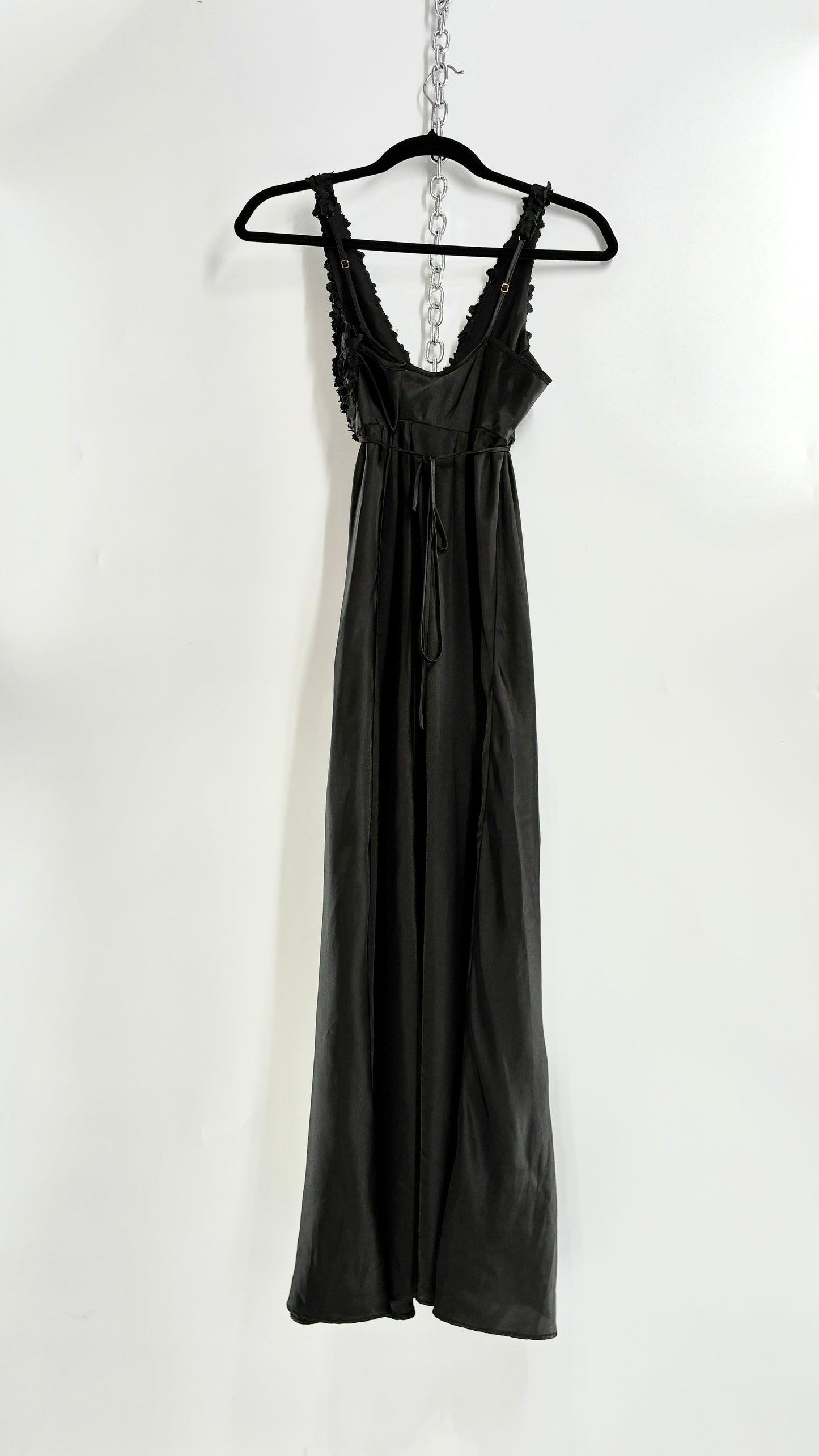 Vintage FLORA Black Slip Gown with Textured Floral Bust (Small)