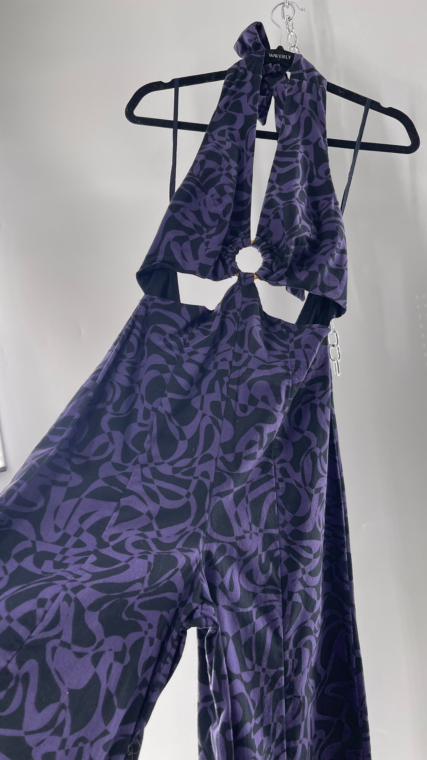 Free People Kira Retro Black and Purple Wide Leg Halter Jumpsuit with Tortoise Bust Loop (XS)