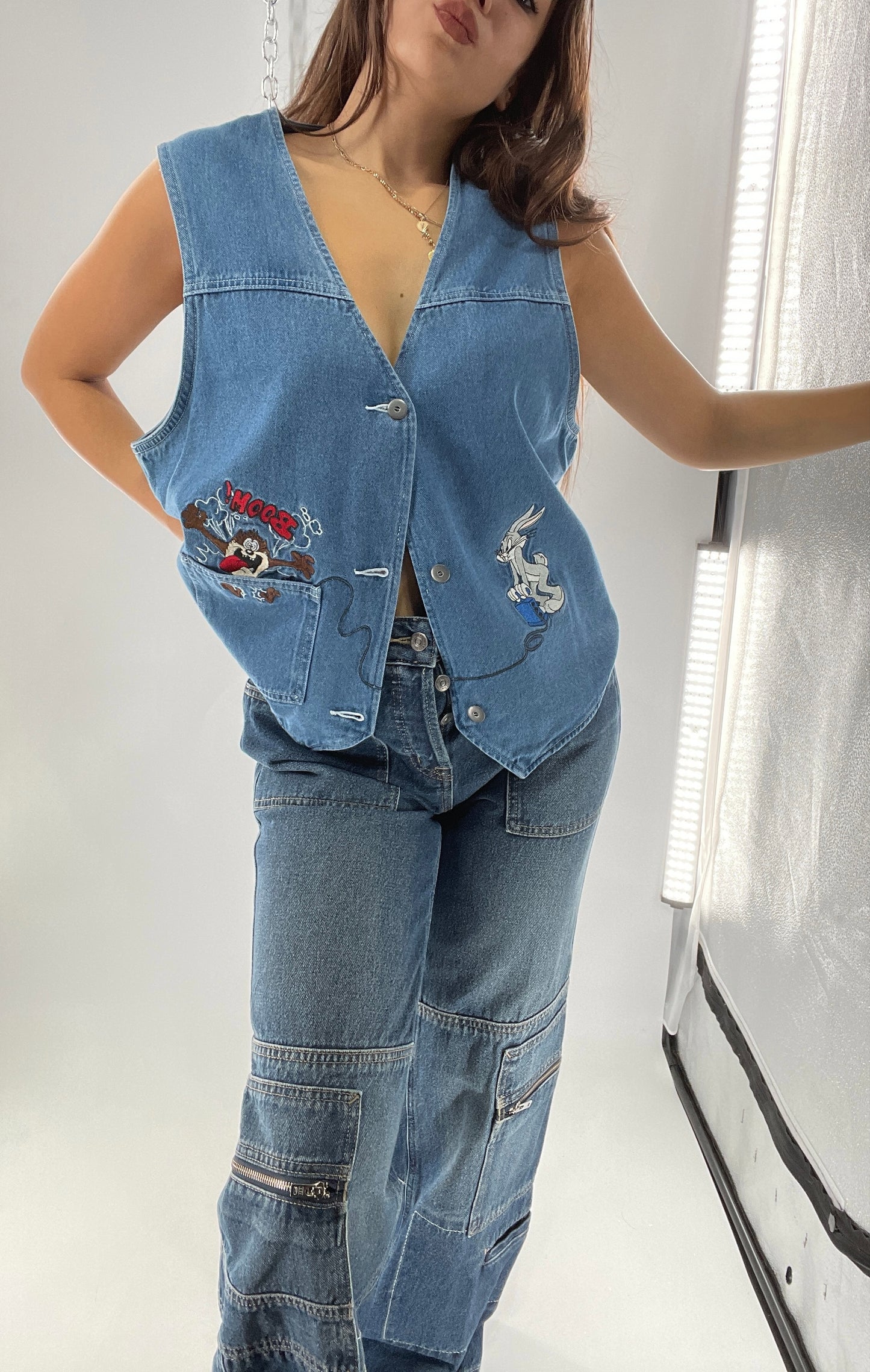 Vintage Looney Tunes Denim Vest with Embroidered Characters (Large)