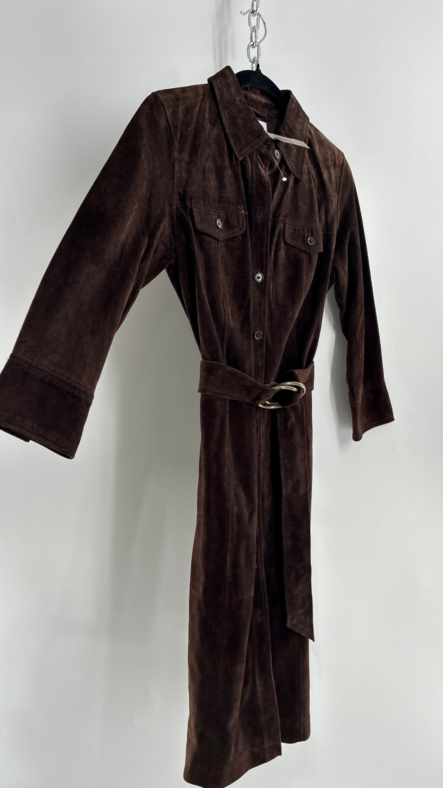Vintage LOFT Brown Suede Leather Button Front, Belted Midi Dress with Tags Attached (4)