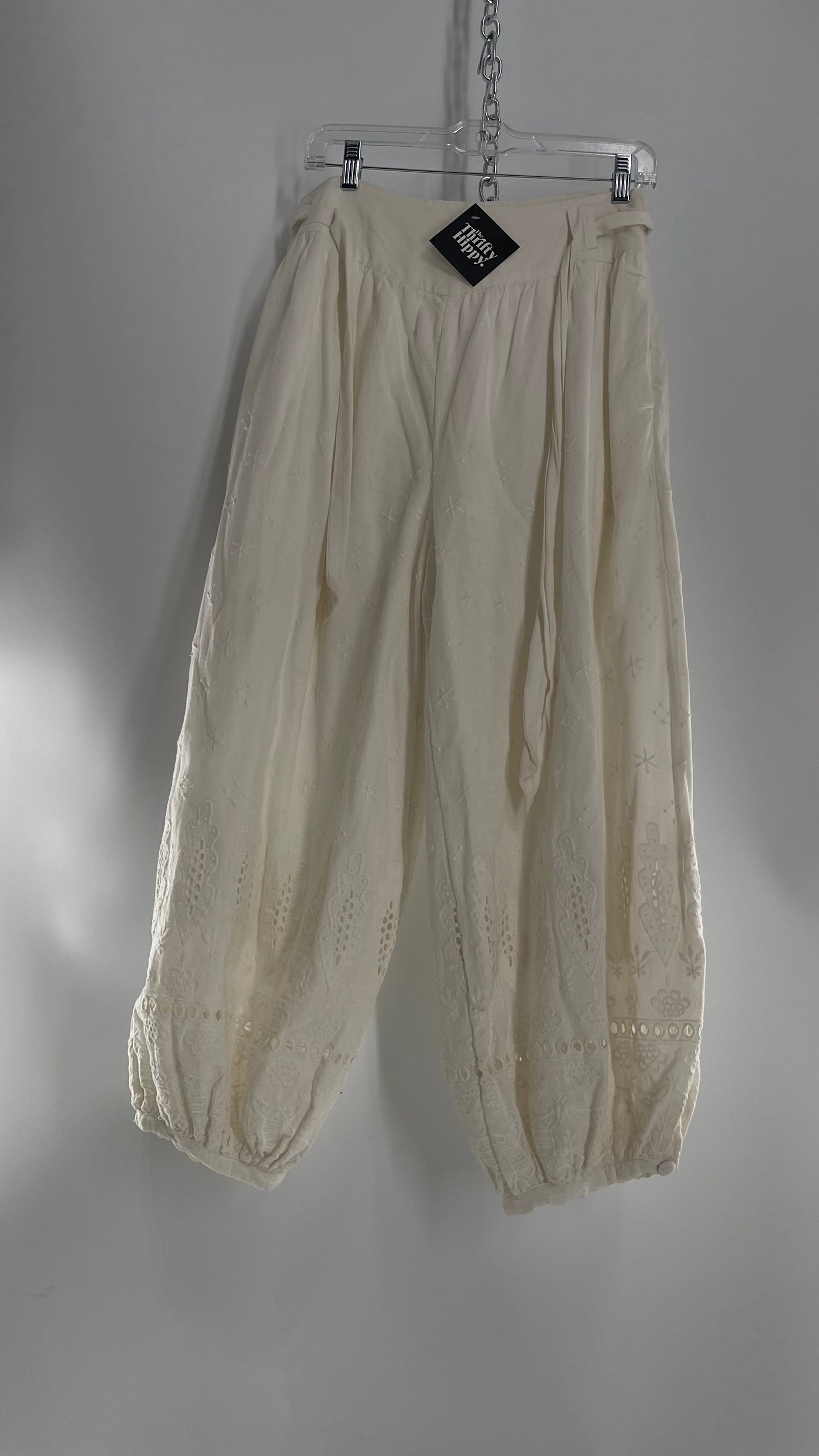 Free People Off White Eyelet Lace Cotton Gauze Embroidered Haram Pant (0)