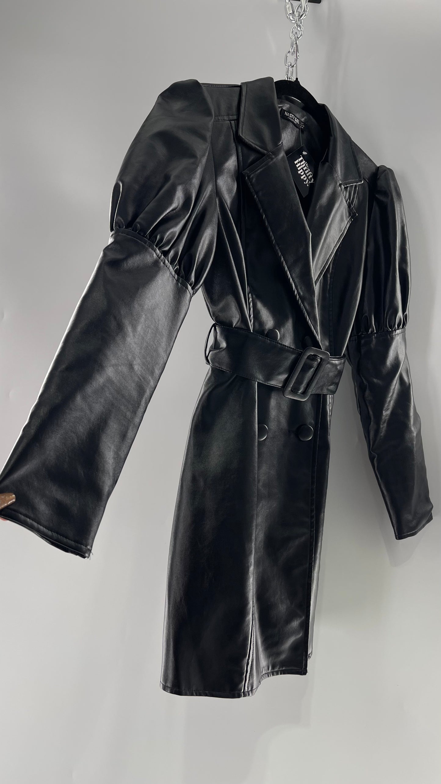 NASTYGAL Black Patent Pleather Puff Shoulder Belted Trench Coat (C)(6)