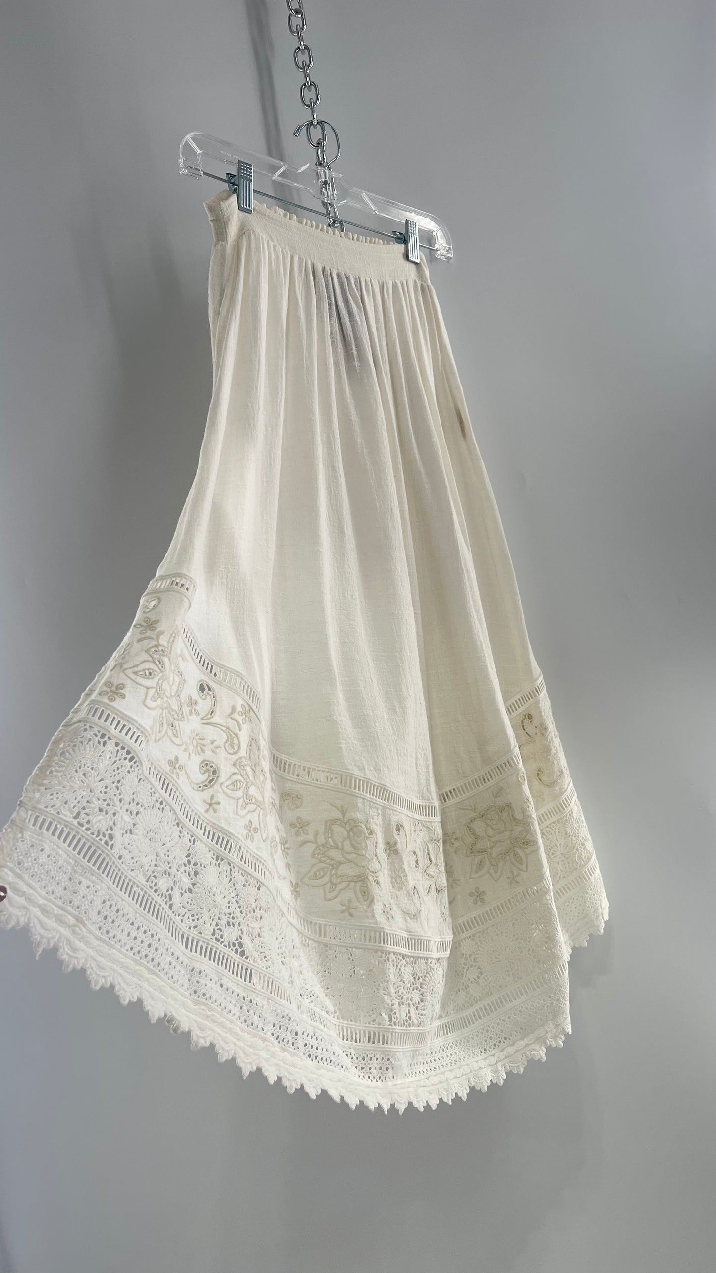Spell & the Gypsy Full Length Cotton Gauze White Skirt with Tie Sides and Heavily Embroidered Hem (XS)
