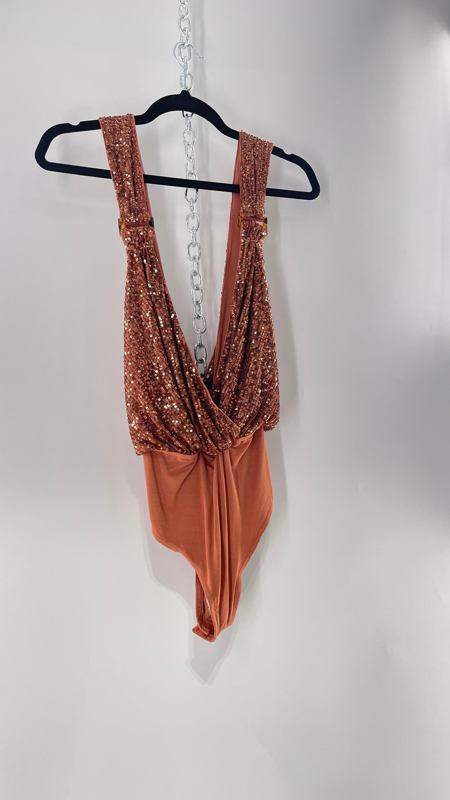 Free People Copper Sequin Draping Bodysuit with Tortoise Shell Buckle Detail (Medium)