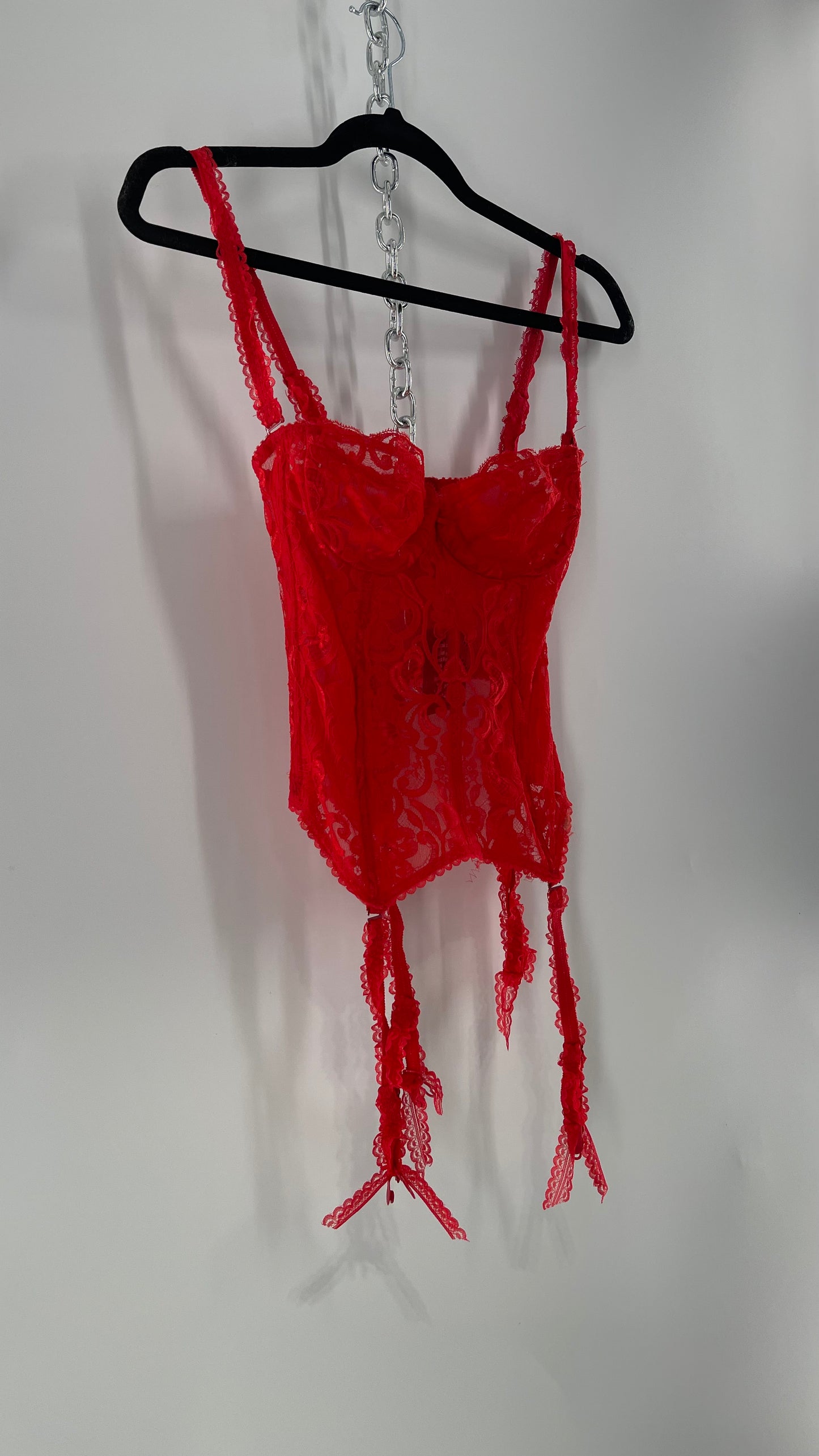 90s Vintage Red Lace Corset with Ruffled Sleeves and Removable Garter Straps (32B)