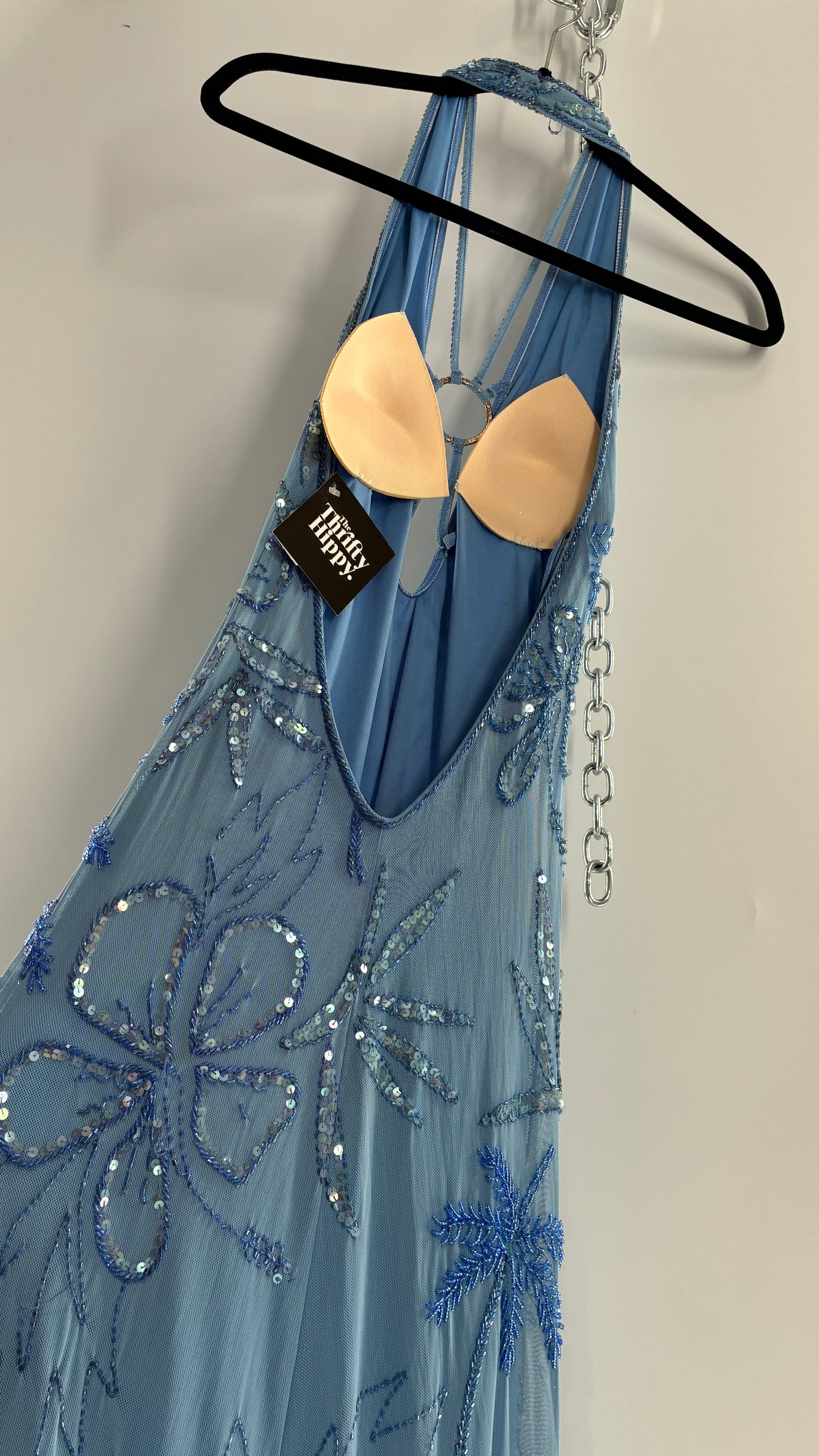 Vintage 1990s Powder Blue Gown Covered in Beaded Appliqué Tropical Designs with Strappy Bust and Low, Open Back (S/M, stretchy no size marked)