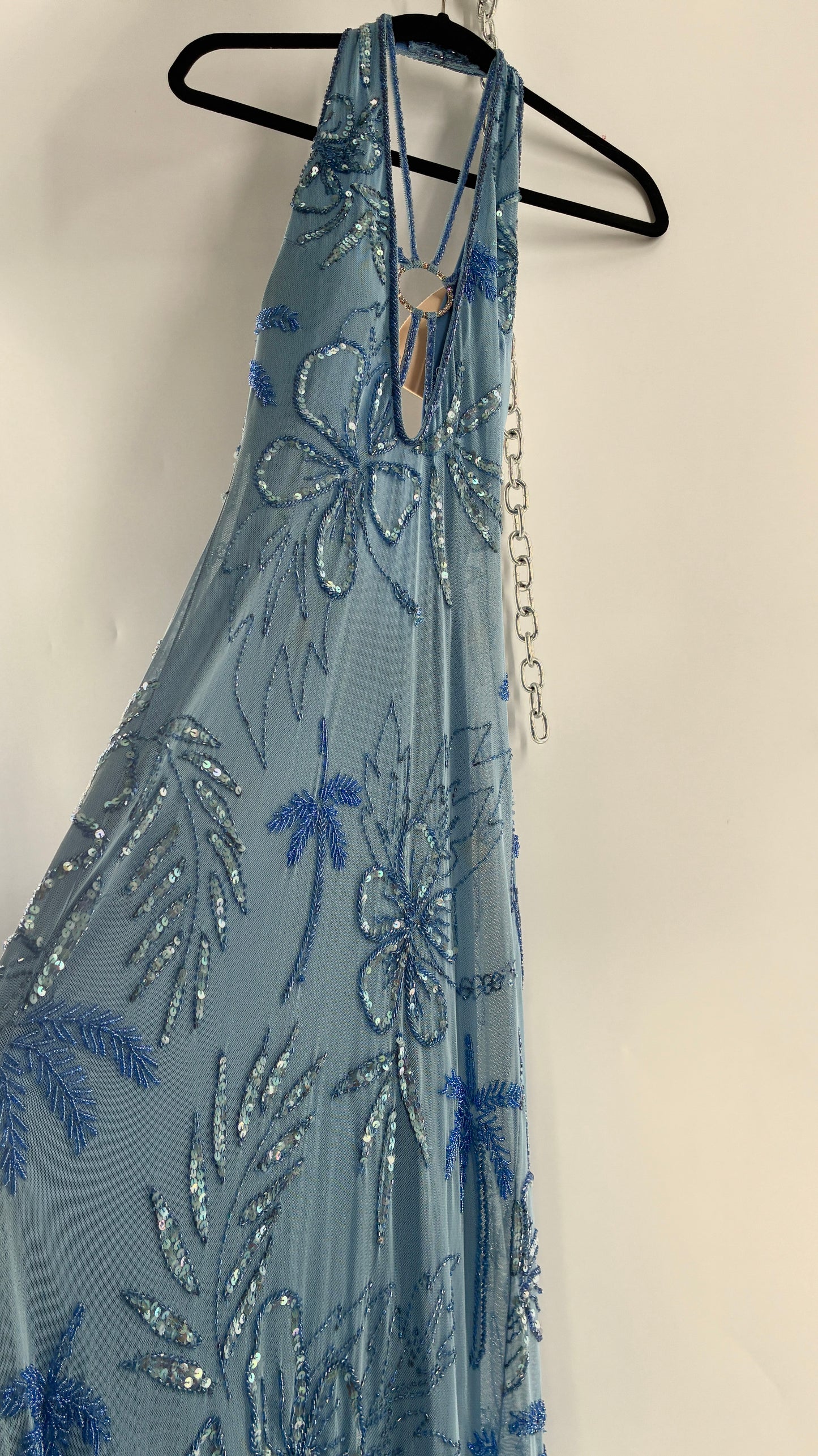 Vintage 1990s Powder Blue Gown Covered in Beaded Appliqué Tropical Designs with Strappy Bust and Low, Open Back (S/M, stretchy no size marked)