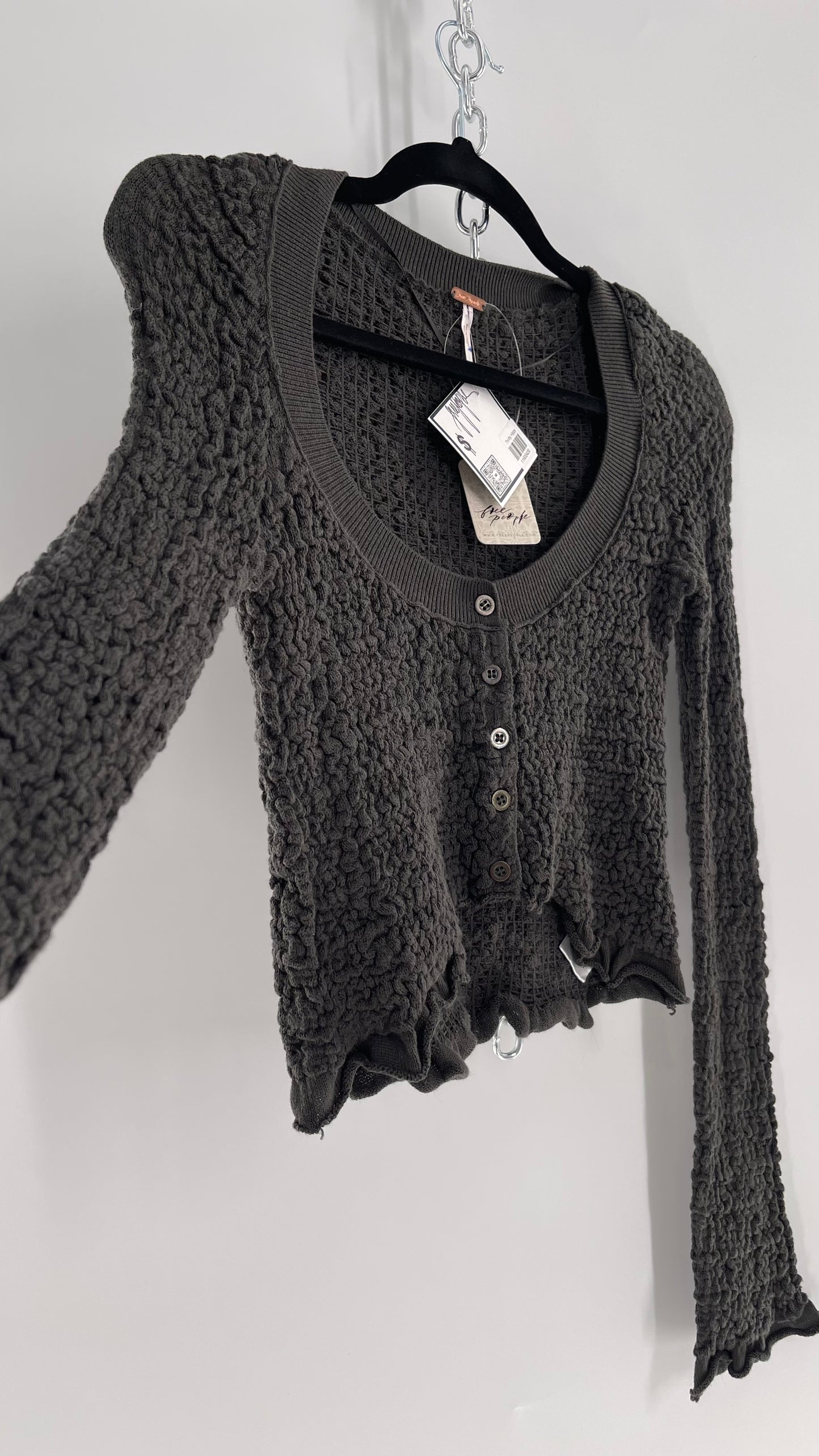 Free People Charcoal Grey Textured Stretchy Knit Button Front Cropped Long Sleeve with Tags Attached (XS)