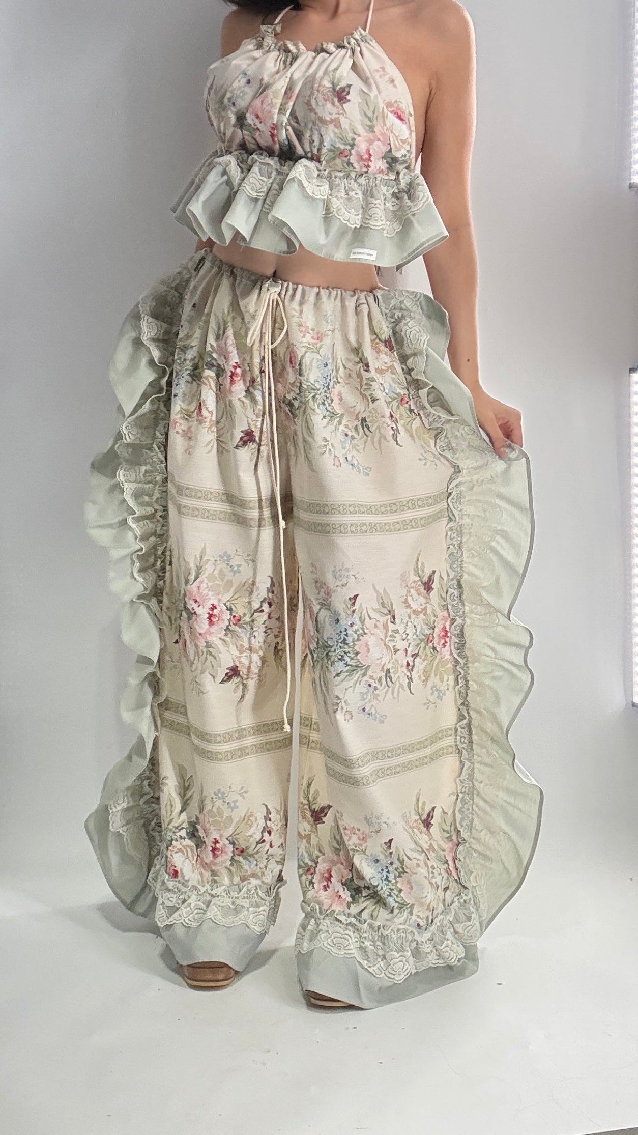 Handmade Vintage Muted Florals Two Piece Set with Adjustable Waist and Bust Lines (XS-XL)