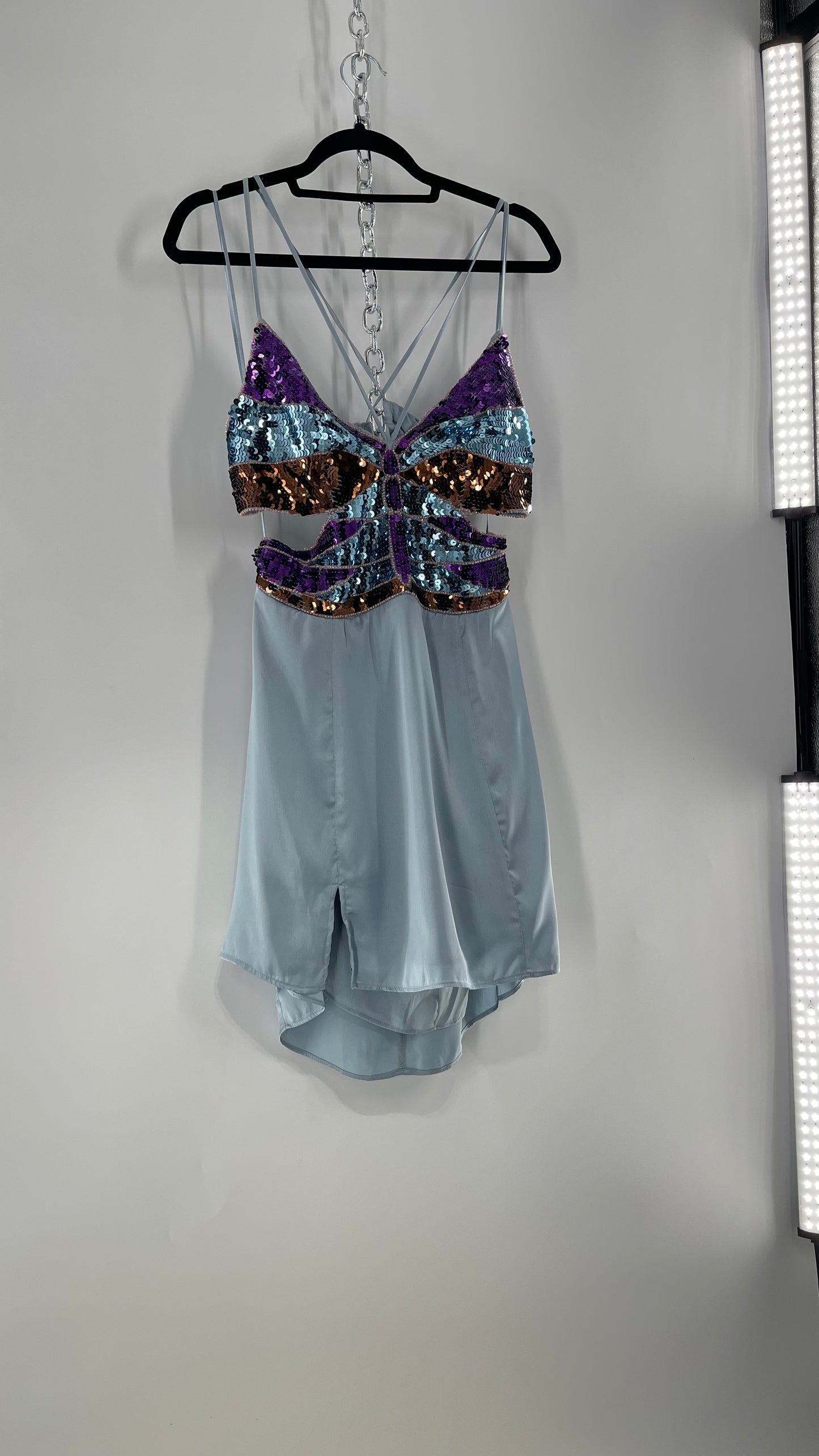 Urban Outfitters Light Blue Satin Butterfly Sequin Size L